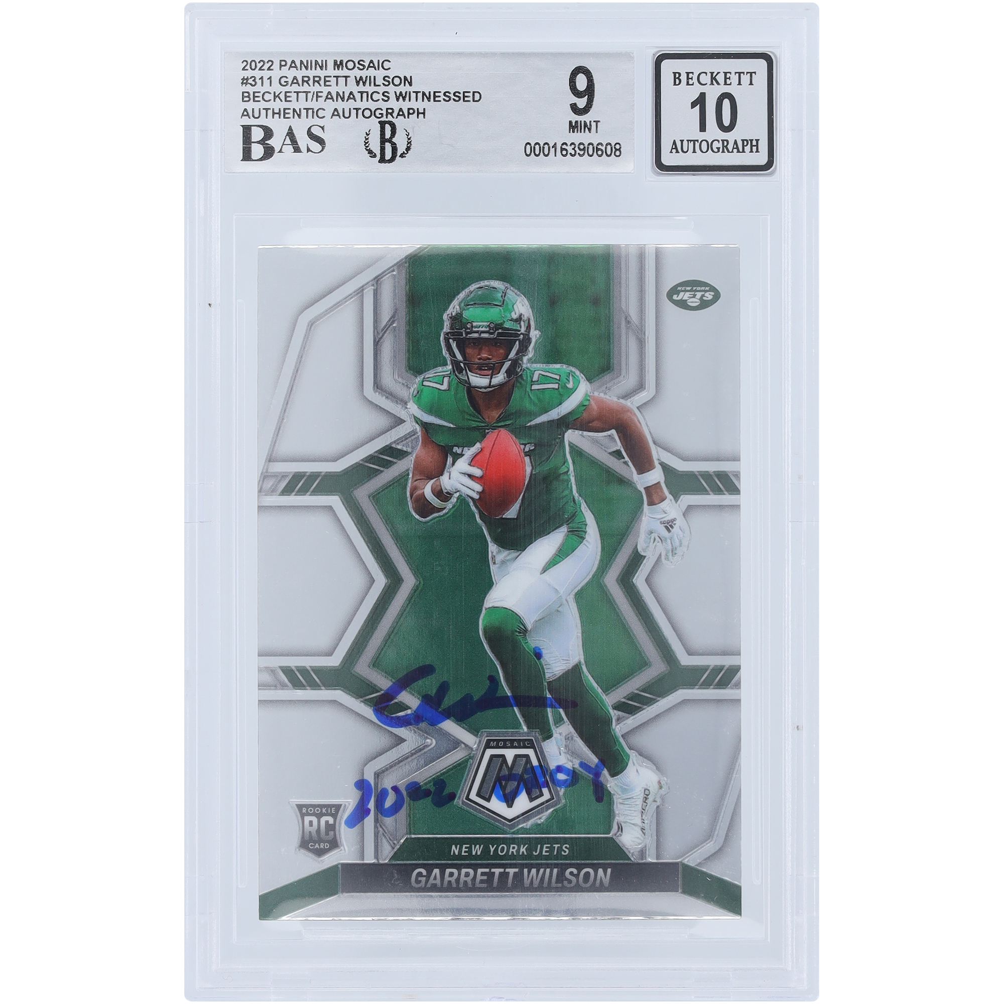 Garrett Wilson New York Jets signierte 2022 Panini Mosaic #311 Beckett Fanatics bezeugte authentifizierte 9/10 Rookie-Karte mit „2022 OROY“-Aufschrift