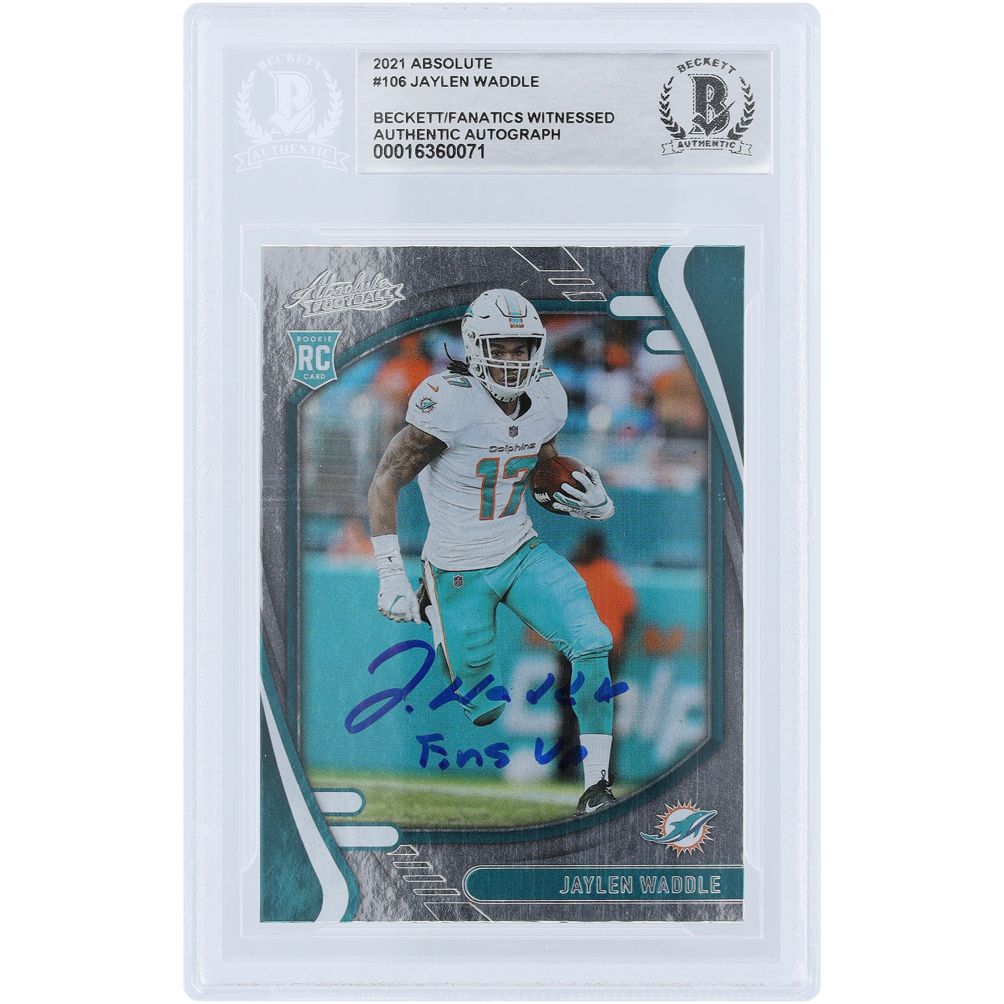 Jaylen Waddle Miami Dolphins signierte 2021 Panini Absolute #106 Beckett Fanatics bezeugte authentifizierte Rookie-Karte mit „Fins Up“-Aufschrift