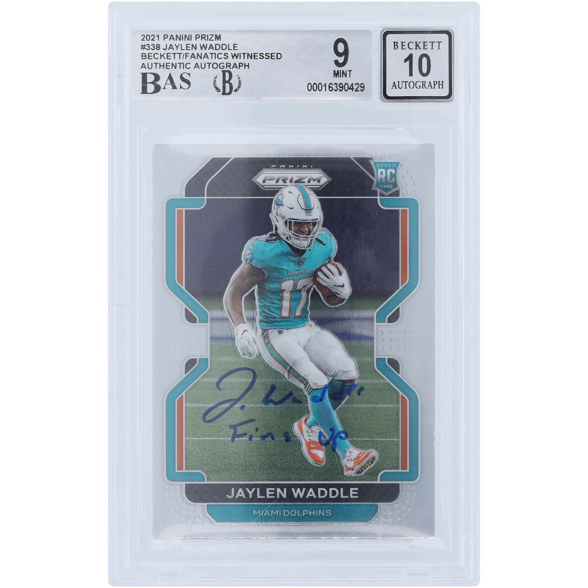 Jaylen Waddle Miami Dolphins signierte 2021 Panini Prizm #338 Beckett Fanatics bezeugte authentifizierte 9/10 Rookie-Karte mit „Fins Up“-Aufschrift