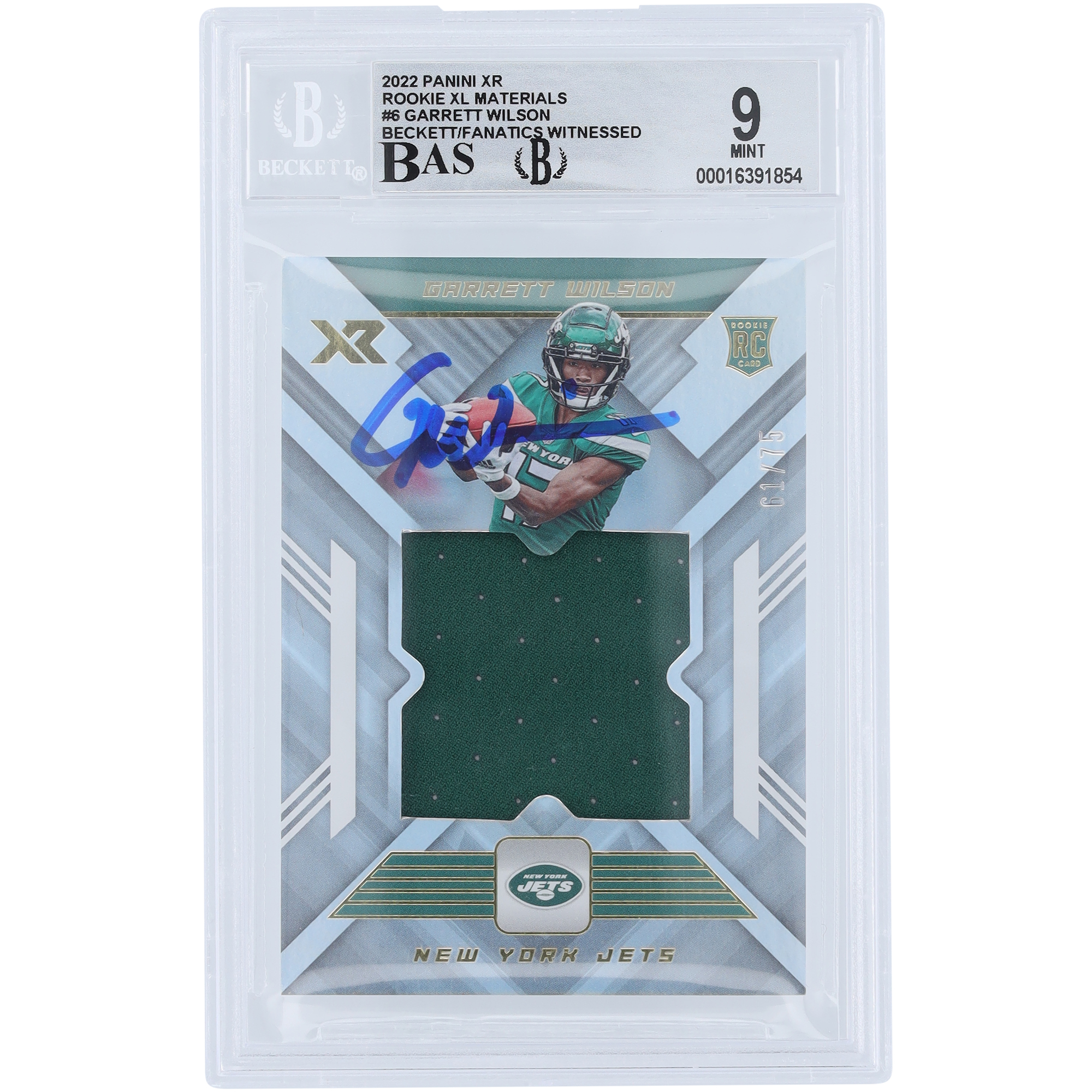 Garrett Wilson New York Jets signierte 2022 Panini XR Rookie Materials Relic #RXL-6 #61/75 Beckett Fanatics bezeugte authentifizierte 9/10 Rookie-Karte