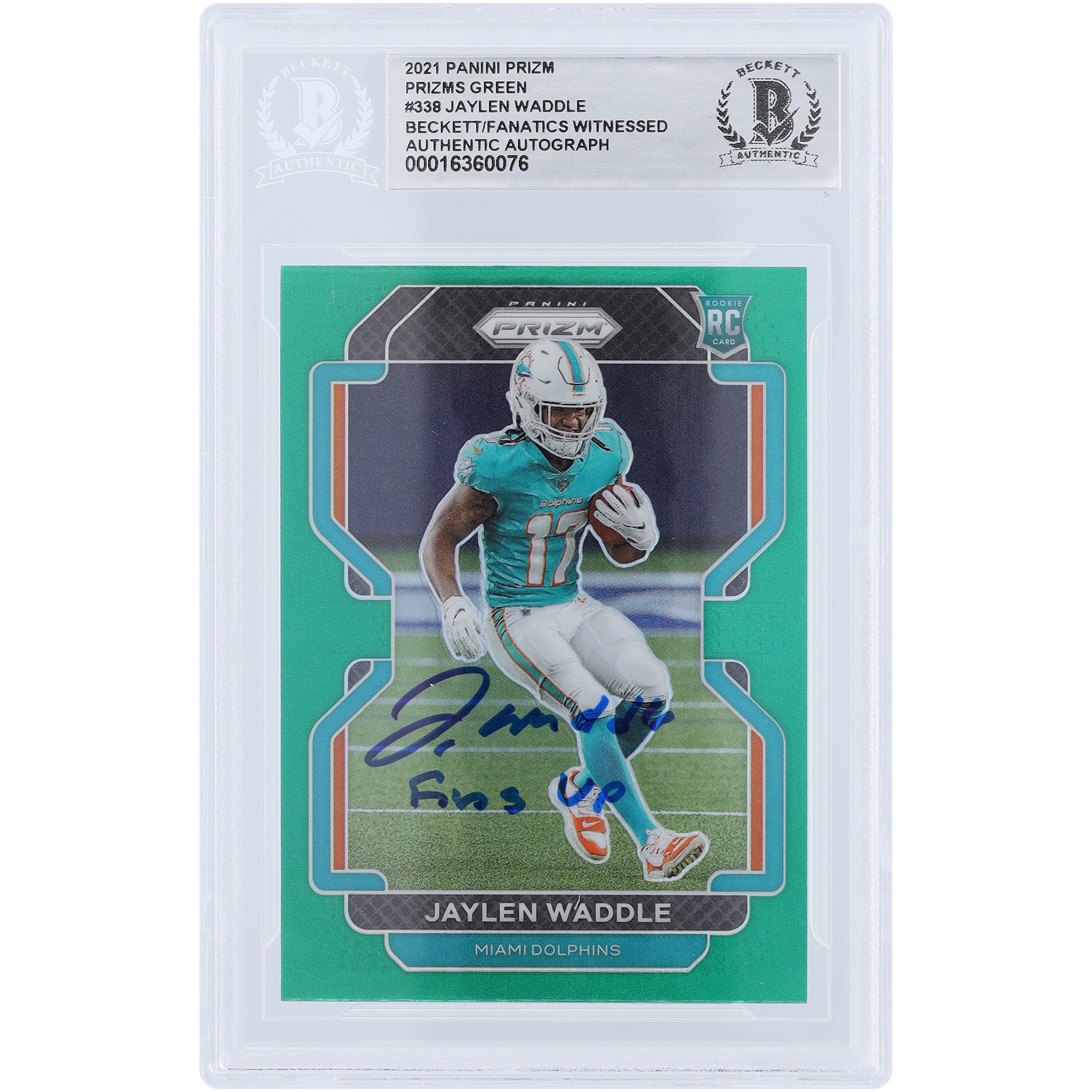 Jaylen Waddle Miami Dolphins signierte 2021 Panini Prizm Green Prizm #338 Beckett Fanatics bezeugte authentifizierte Rookie-Karte mit „Fins Up“-Aufschrift