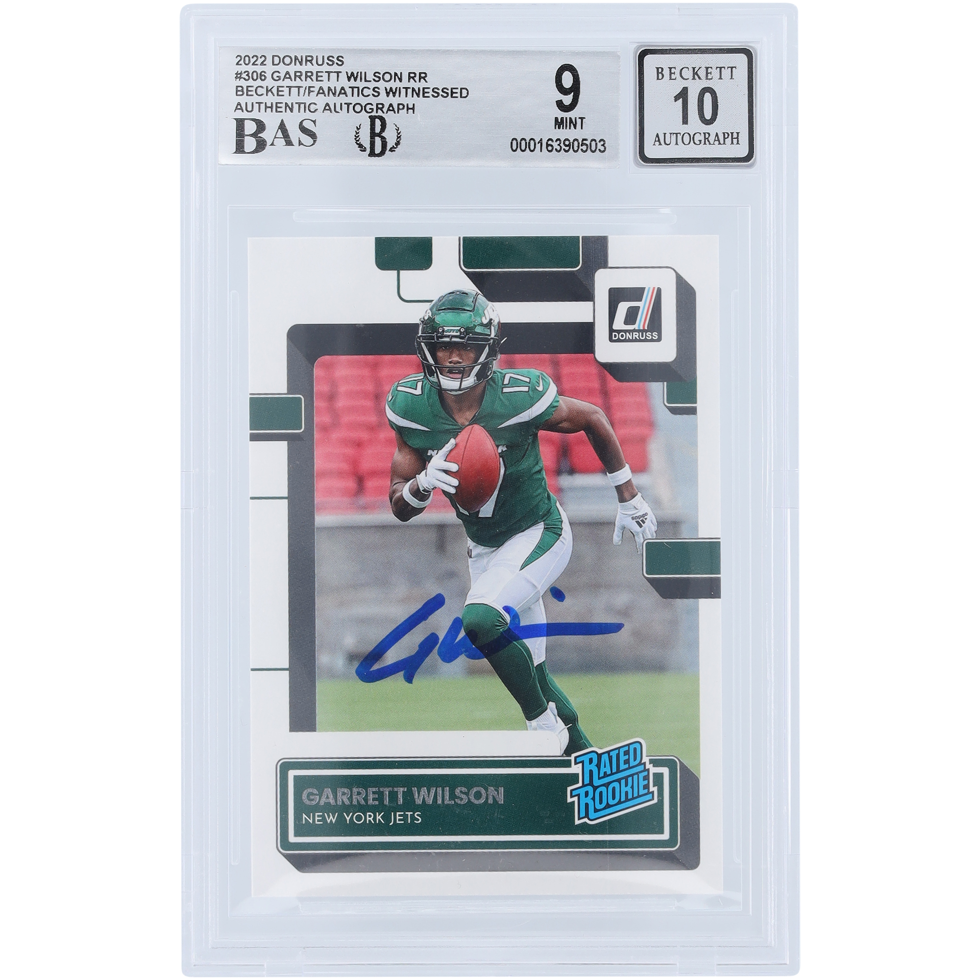 Garrett Wilson New York Jets signierte 2022 Panini Donruss bewertet Rookie #306 Beckett Fanatics bezeugt authentifizierte 9/10 Rookie-Karte