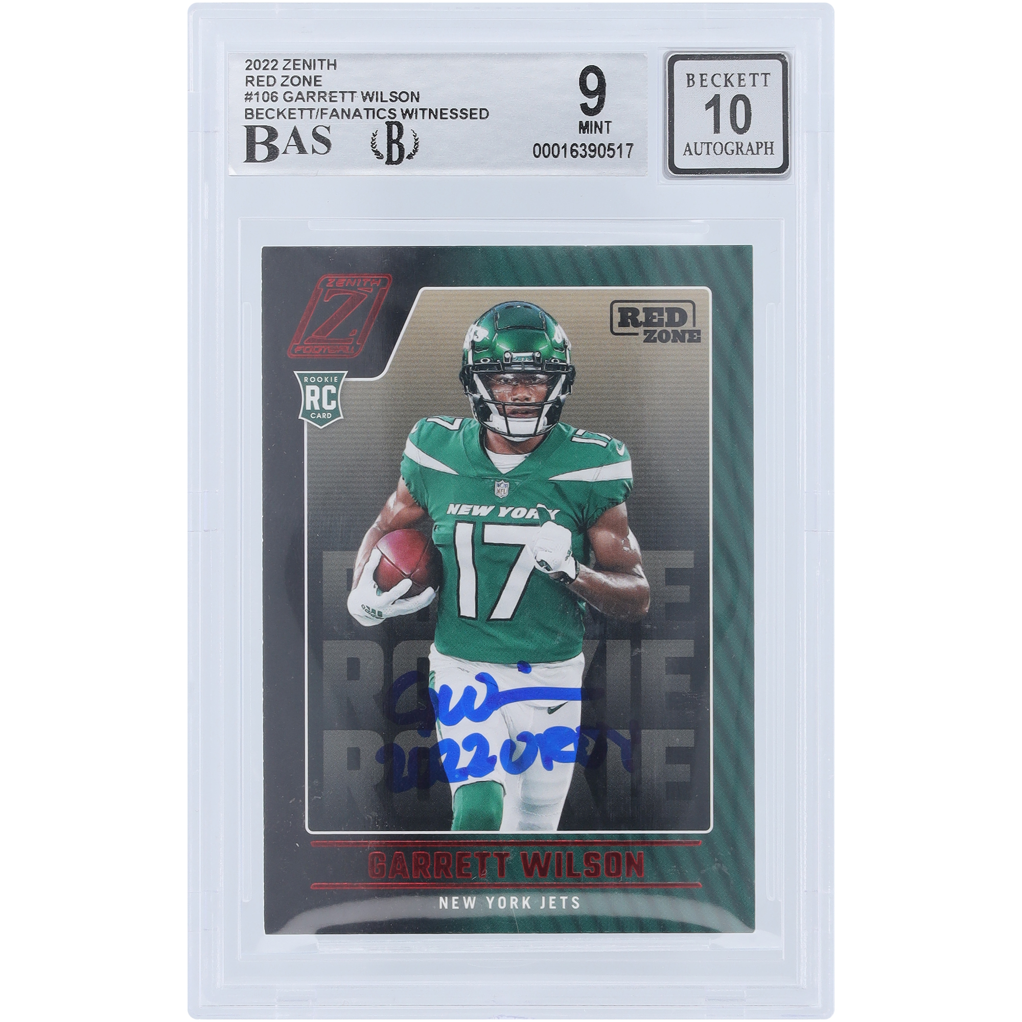 Garrett Wilson New York Jets signierte 2022 Panini Zenith Red Zone #106 Beckett Fanatics bezeugte authentifizierte 9/10 Rookie-Karte mit „2022 OROY“-Aufschrift