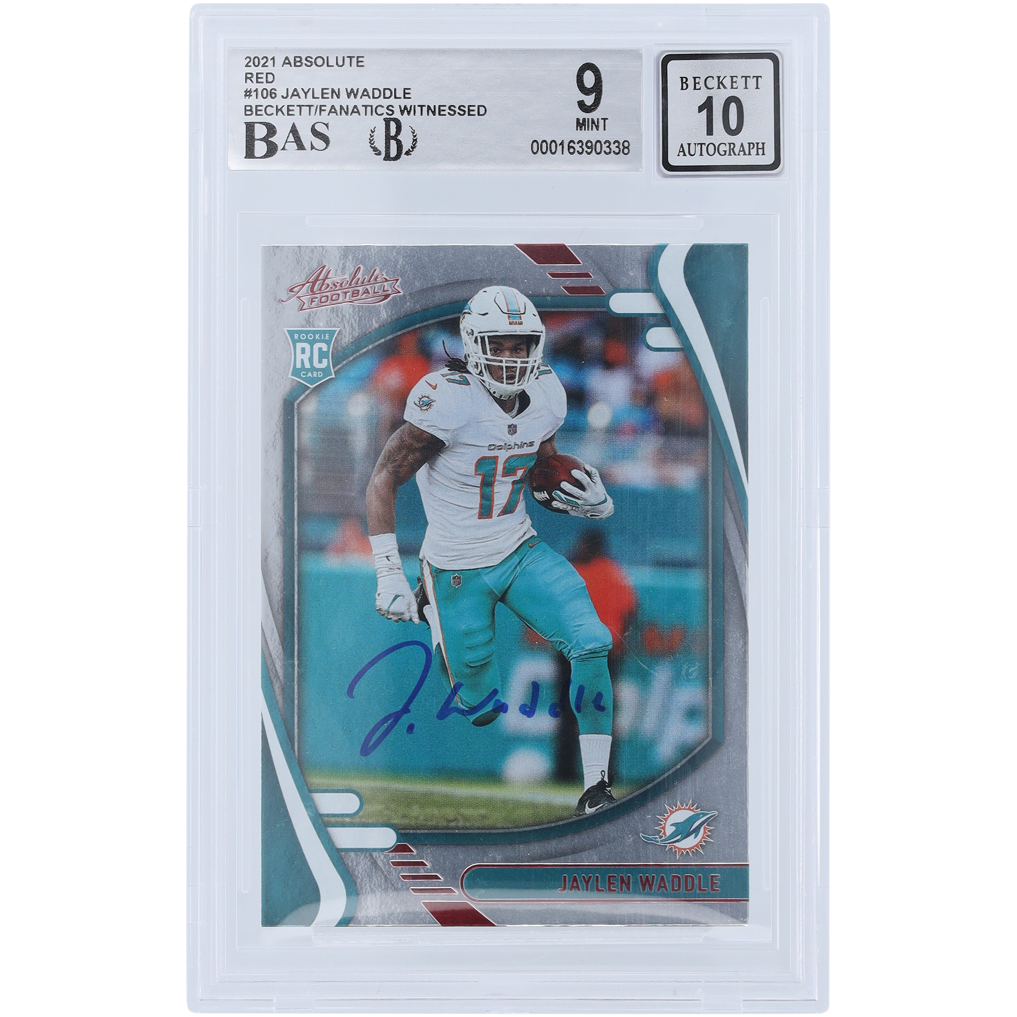 Jaylen Waddle Miami Dolphins signierte 2021 Panini Absolute Red #106 Beckett Fanatics bezeugte authentifizierte 9/10 Rookie-Karte