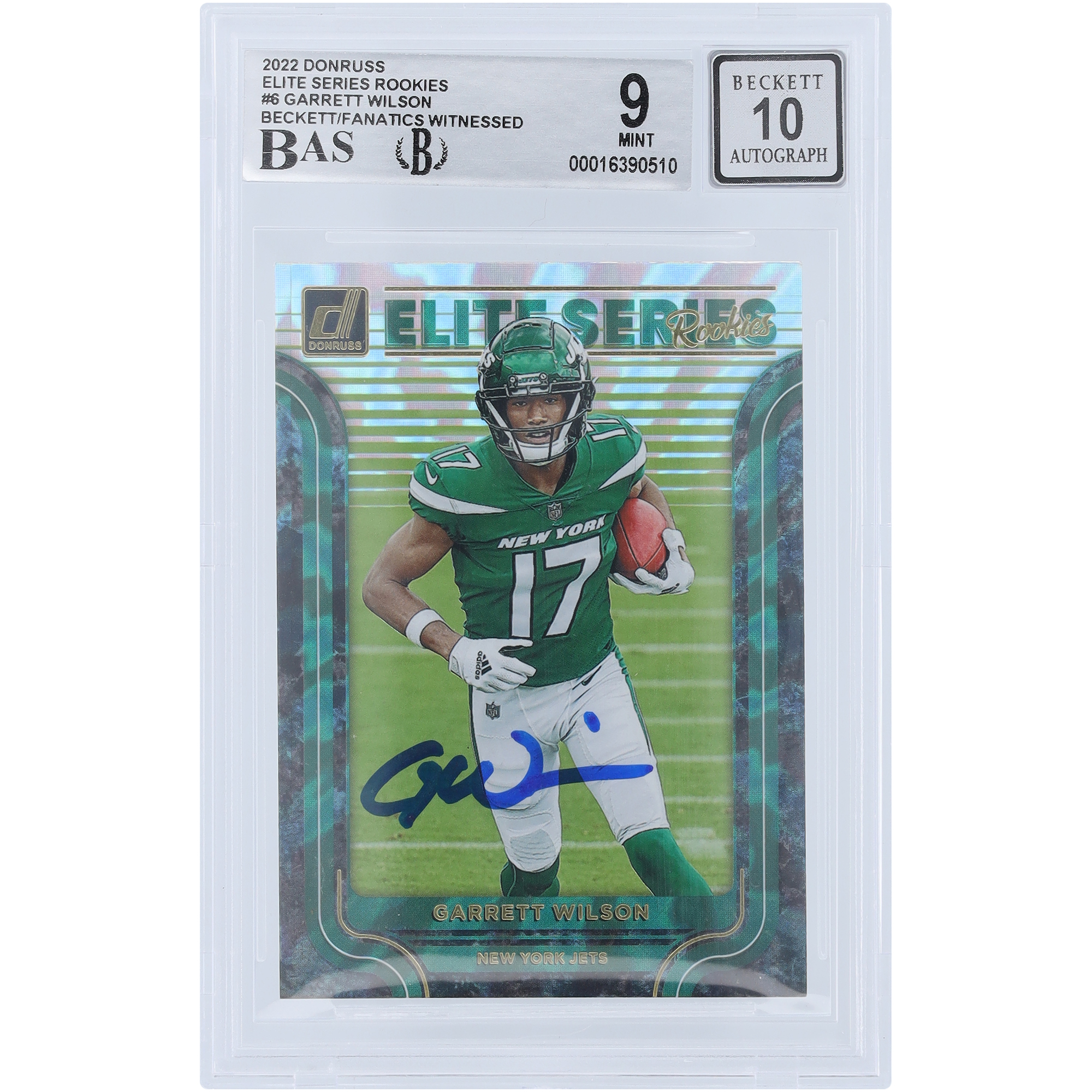 Garrett Wilson New York Jets signierte 2022 Panini Donruss Elite Series Rookies #ESR-6 Beckett Fanatics bezeugte authentifizierte 9/10 Rookie-Karte