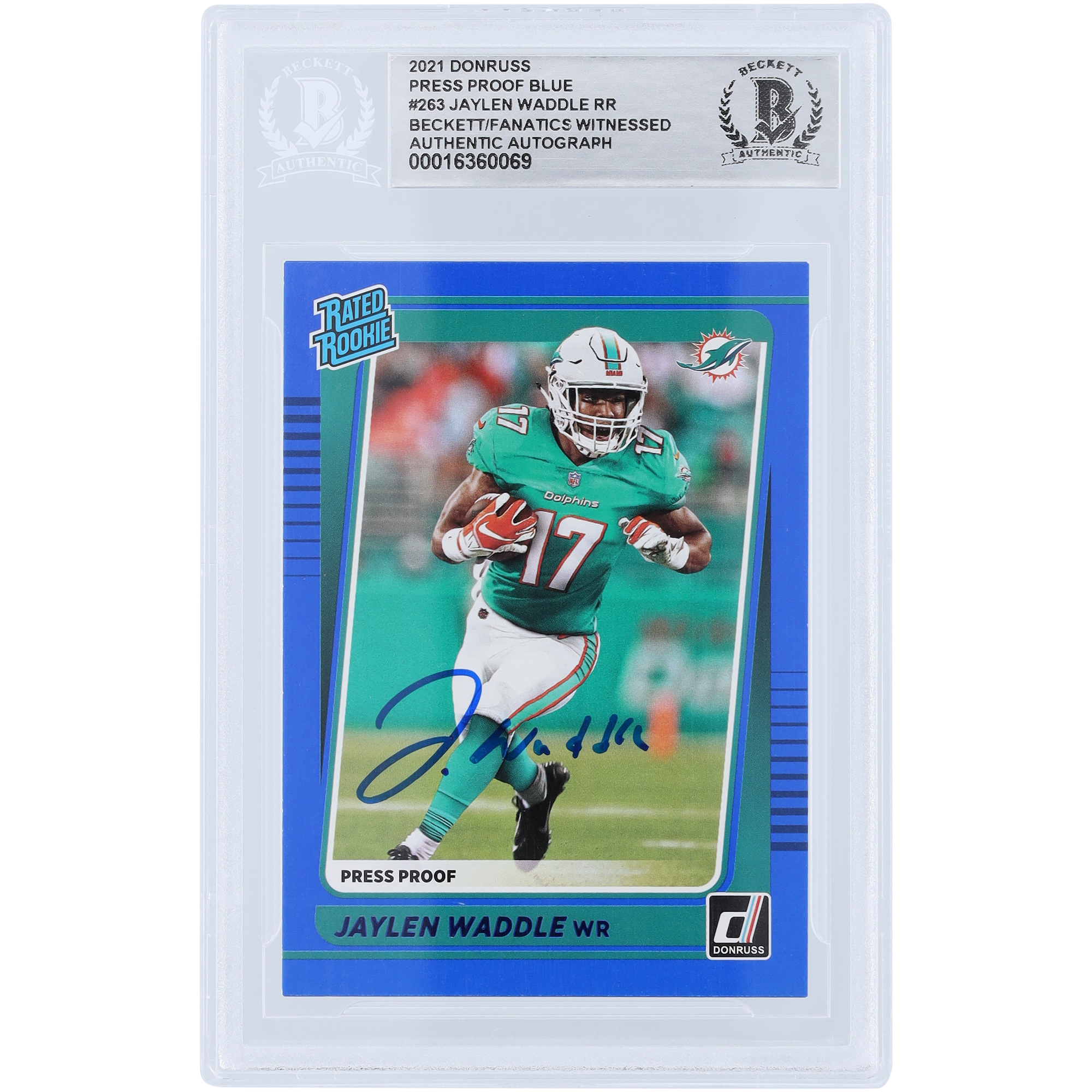 Jaylen Waddle Miami Dolphins signierte 2021 Panini Donruss bewertet Rookie Press Proof Blau #263 Beckett Fanatics bezeugte authentifizierte Rookie-Karte