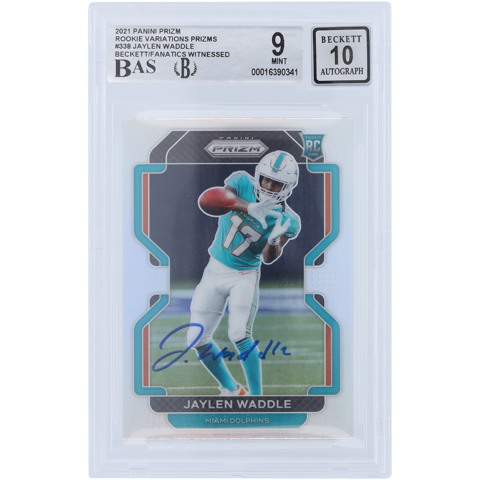 Jaylen Waddle Miami Dolphins signierte 2021 Panini Prizm Rookie Variations Prizm #V-338 Beckett Fanatics bezeugte authentifizierte 9/10 Rookie-Karte