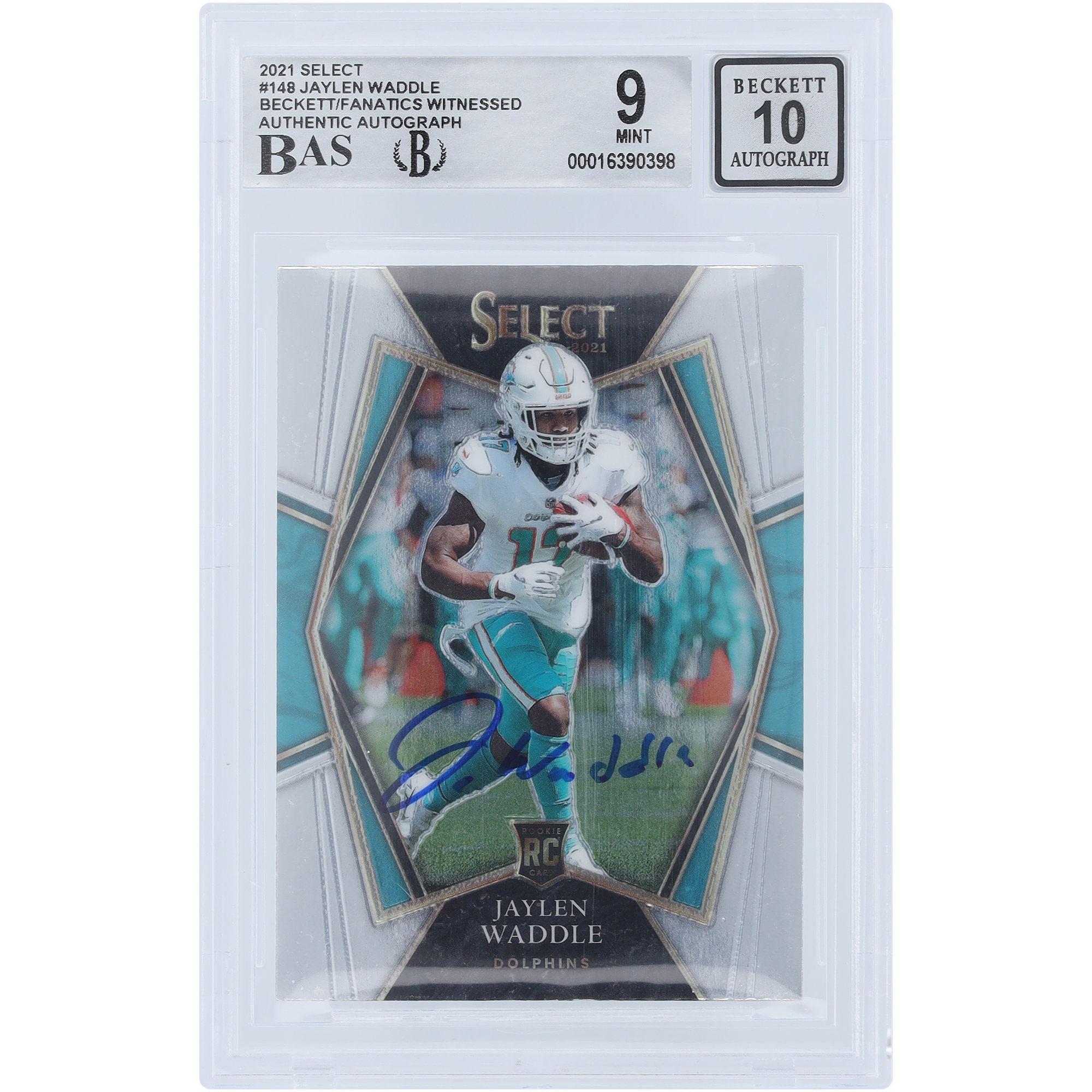 Jaylen Waddle Miami Dolphins signierte 2021 Panini Select Premier Level #148 Beckett Fanatics bezeugte authentifizierte 9/10 Rookie-Karte