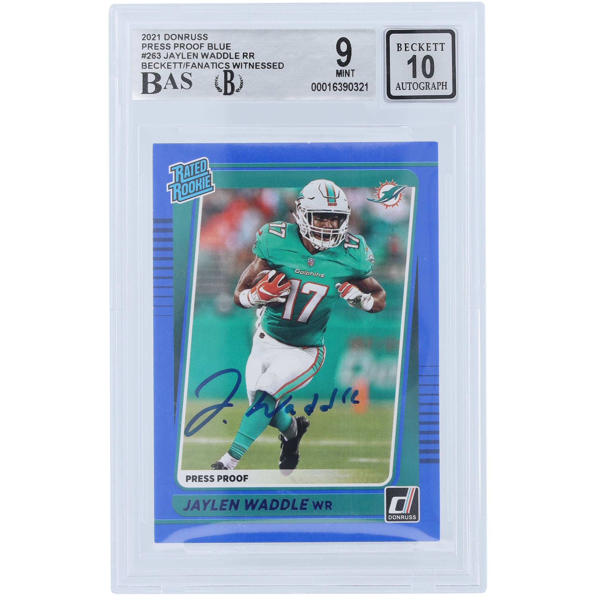 Jaylen Waddle Miami Dolphins signierte 2021 Panini Donruss bewertet Rookie Press Proof blau #263 Beckett Fanatics bezeugt authentifizierte 9/10 Rookie-Karte