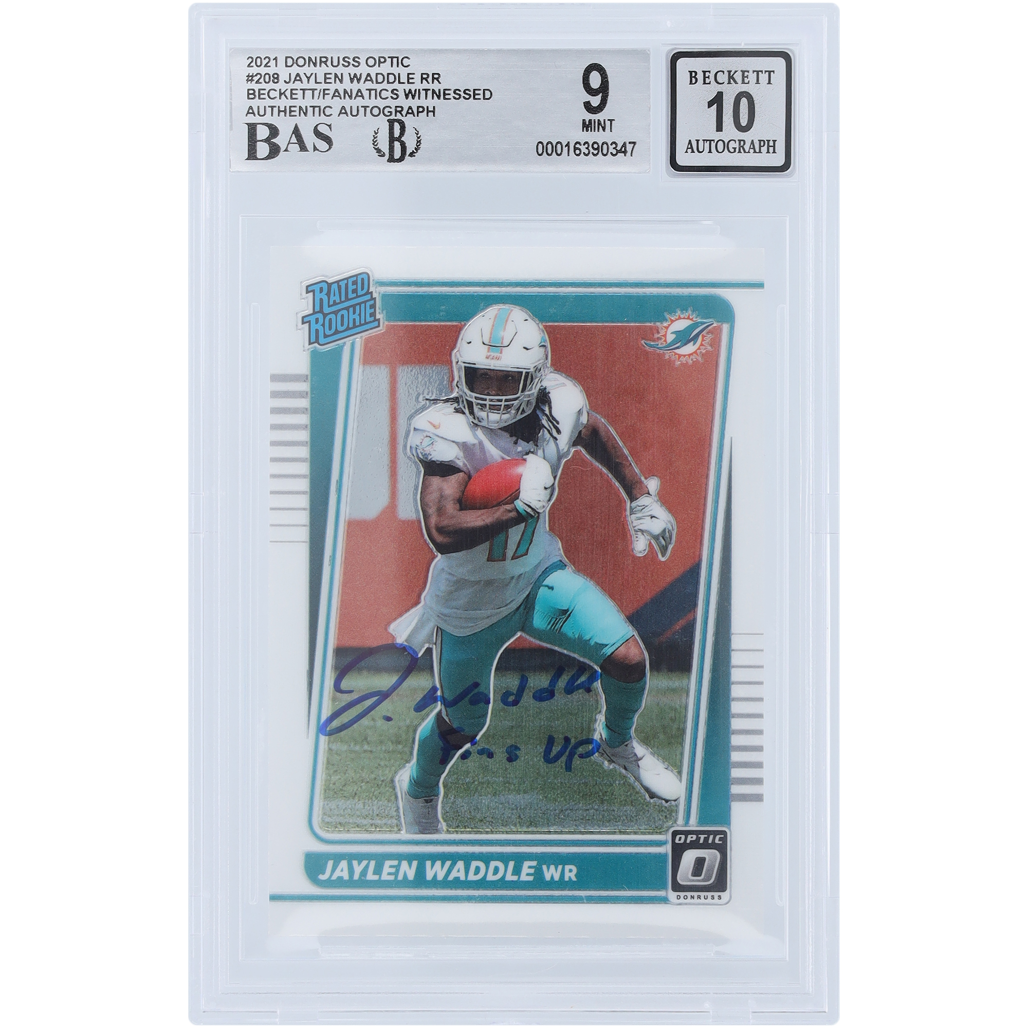 Jaylen Waddle Miami Dolphins signierte 2021 Panini Donruss Optic Rated Rookie #208 Beckett Fanatics bezeugte authentifizierte 9/10 Rookie-Karte mit „Fins Up“-Aufschrift