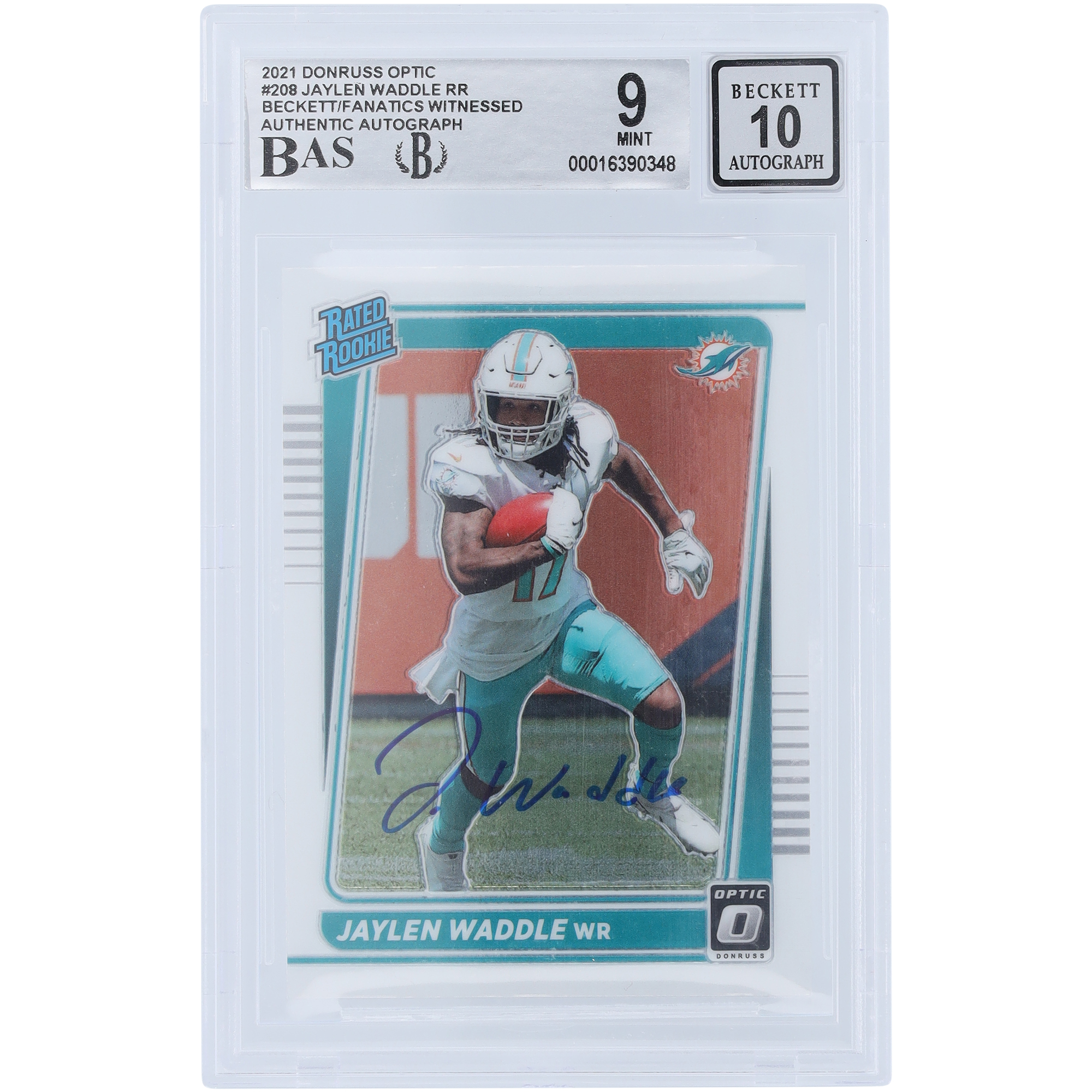 Jaylen Waddle Miami Dolphins signierte 2021 Panini Donruss Optic Rated Rookie #208 Beckett Fanatics bezeugte authentifizierte 9/10 Rookie-Karte