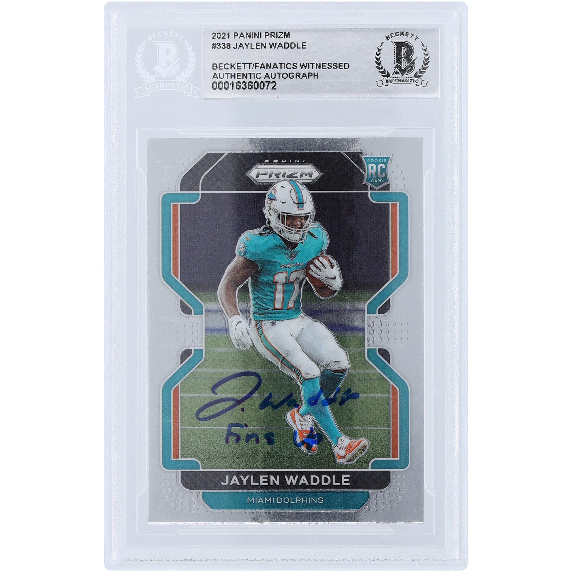 Jaylen Waddle Miami Dolphins signierte 2021 Panini Prizm #338 Beckett Fanatics bezeugte authentifizierte Rookie-Karte mit „Fins Up“-Aufschrift