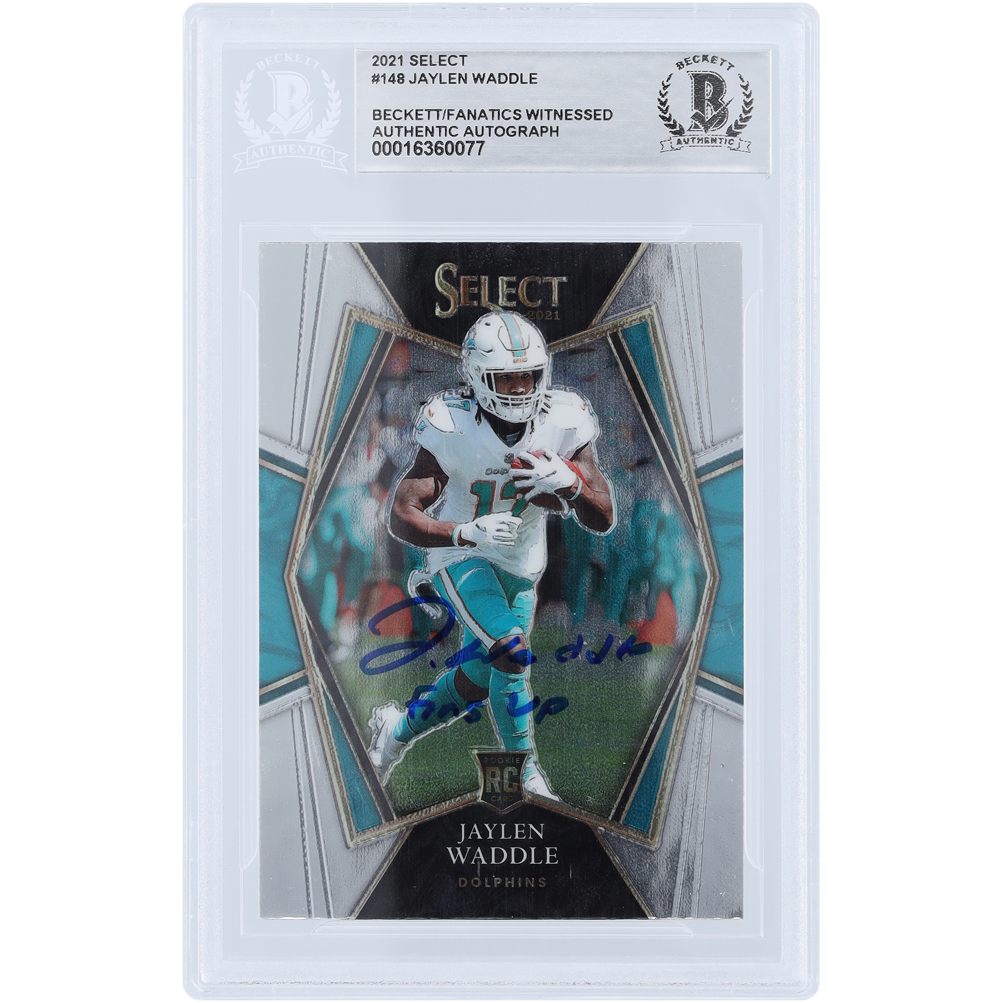 Jaylen Waddle Miami Dolphins signierte 2021 Panini Select Premier Level #148 Beckett Fanatics bezeugte authentifizierte Rookie-Karte mit „Fins Up“-Aufschrift