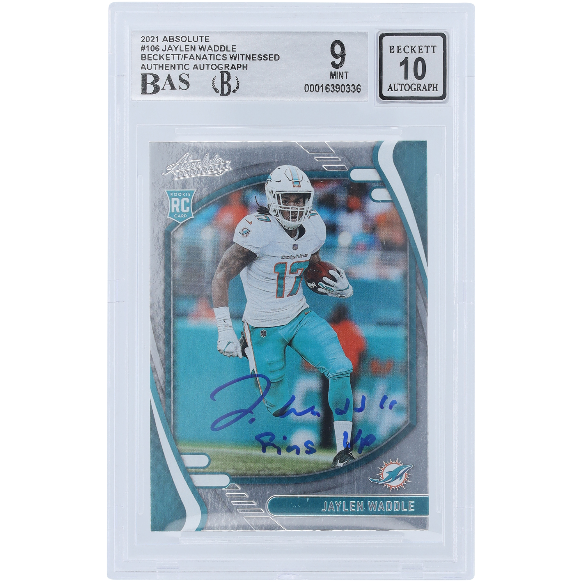 Jaylen Waddle Miami Dolphins signierte 2021 Panini Absolute #106 Beckett Fanatics bezeugte authentifizierte 9/10 Rookie-Karte mit „Fins Up“-Aufschrift