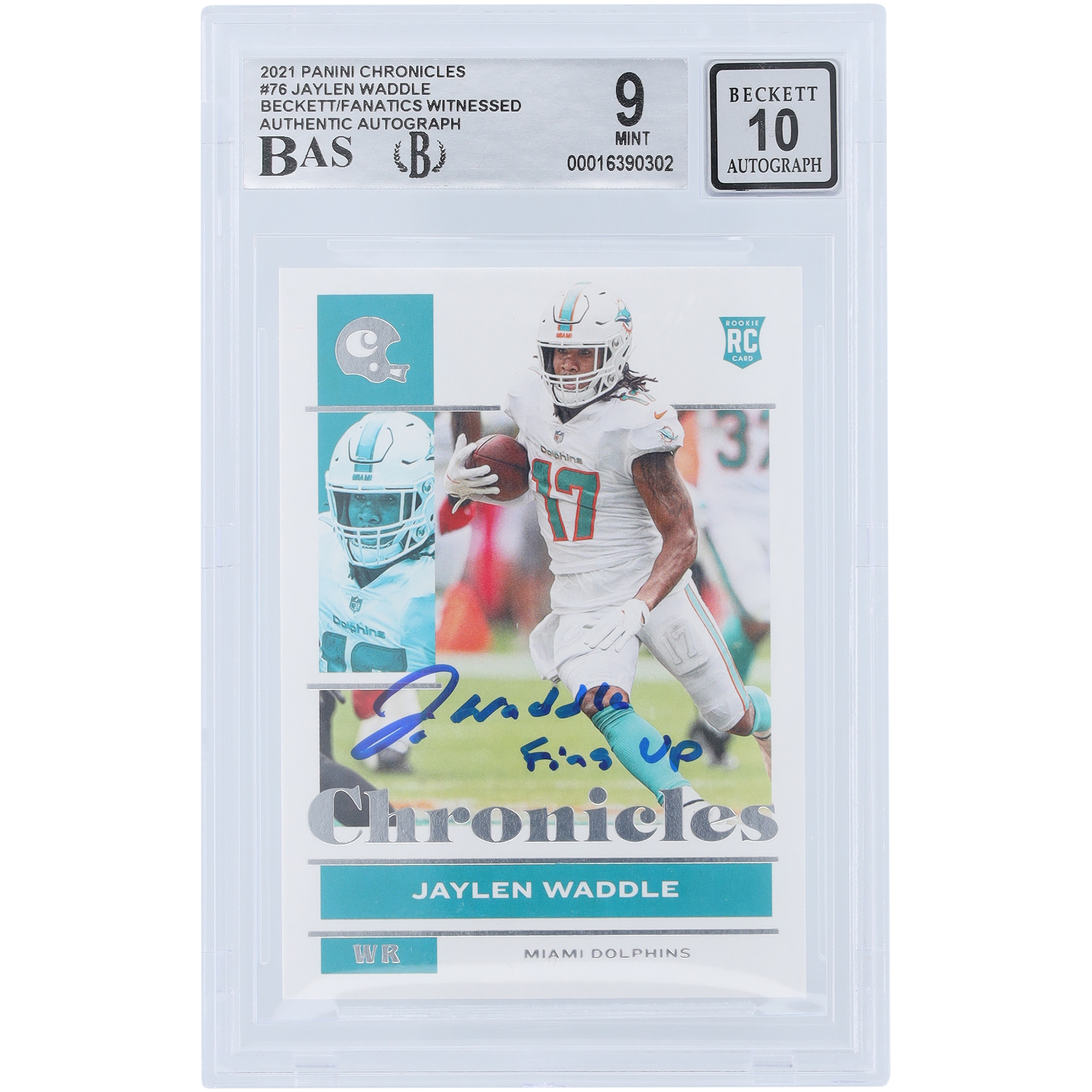 Jaylen Waddle Miami Dolphins signierte 2021 Panini Chronicles #76 Beckett Fanatics bezeugte authentifizierte 9/10 Rookie-Karte mit „Fins Up“-Aufschrift