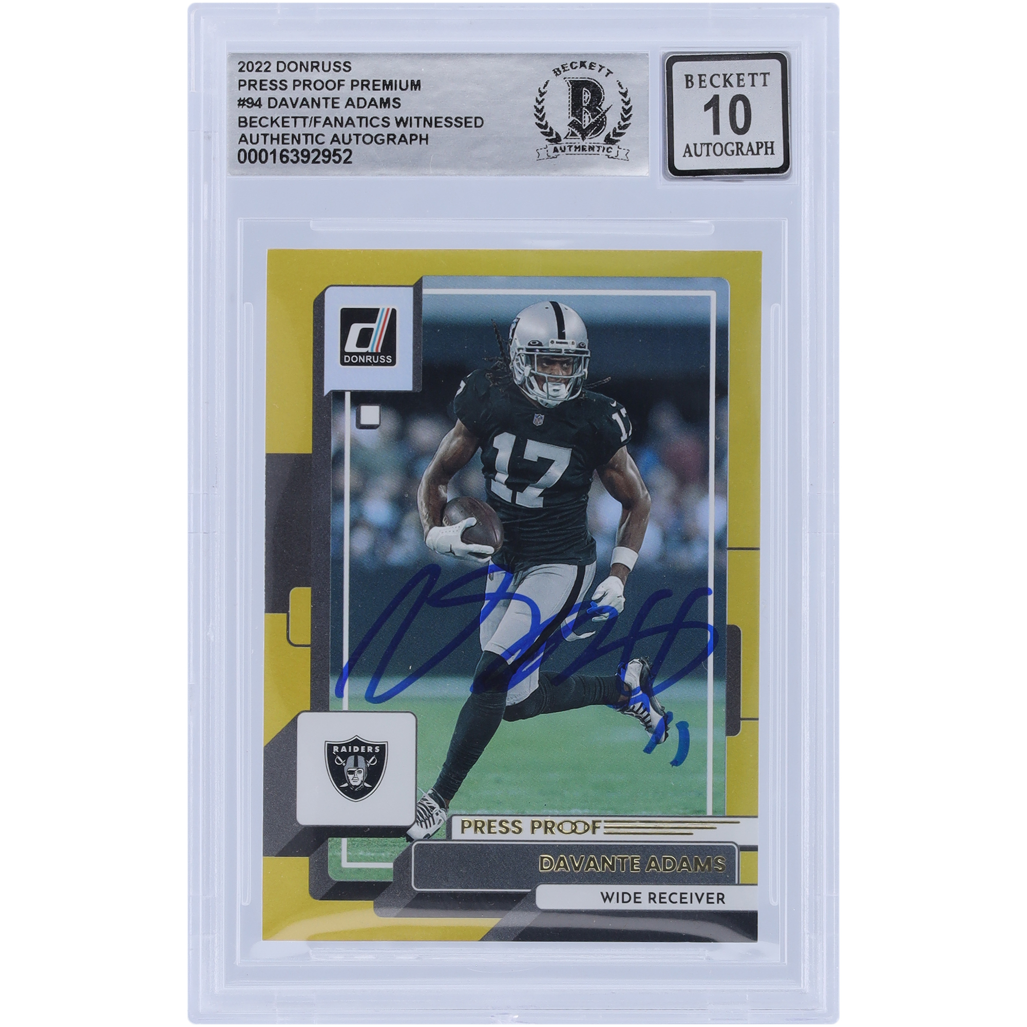 Davante Adams Las Vegas Raiders Autogrammkarte 2022 Panini Donruss Press Proof Premium #94 Beckett Fanatics Zeuge authentifizierte 10er Karte