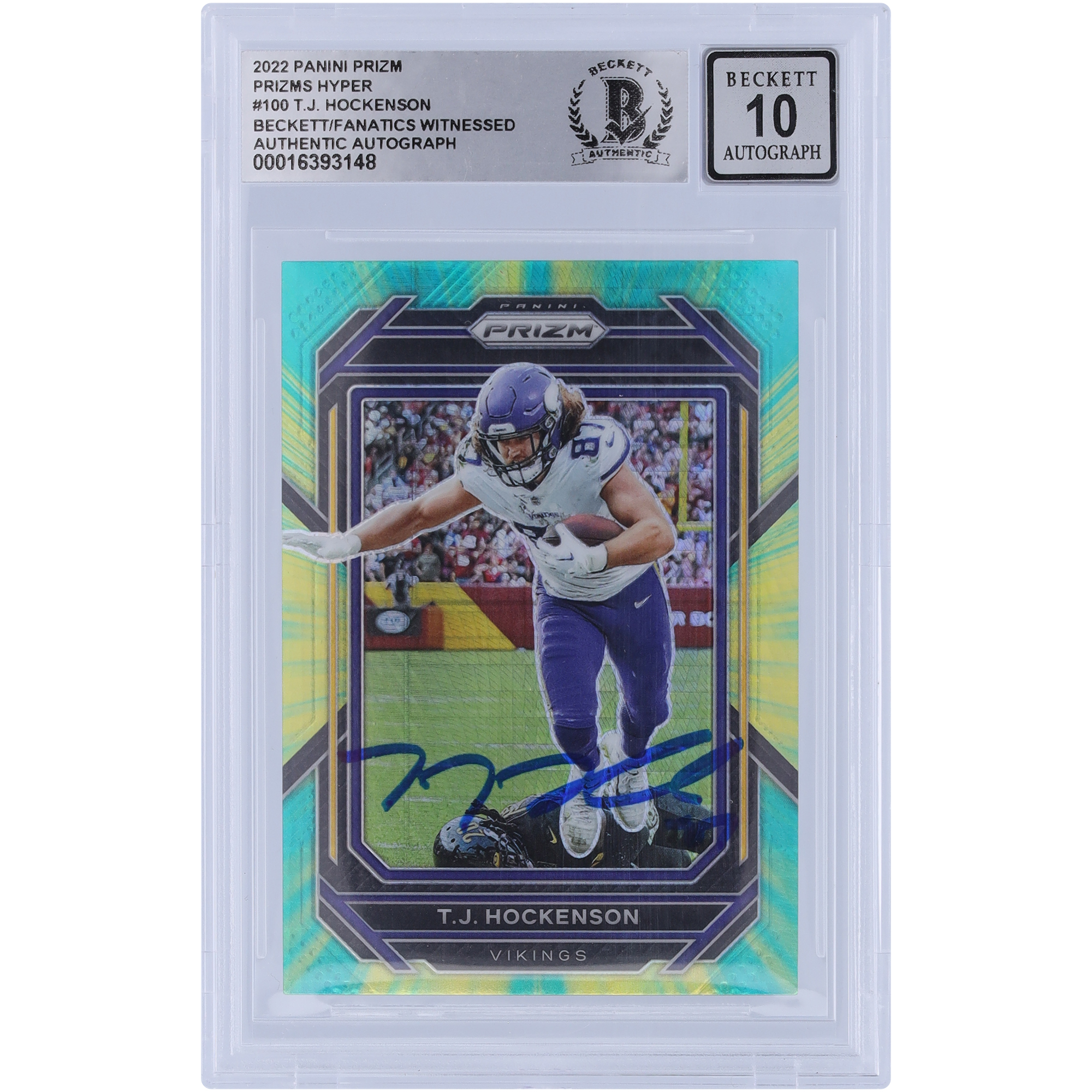 T.J. Hockenson Minnesota Vikings Autogrammkarte 2022 Panini Prizm Hyper Prizms #100 #/175 Beckett Fanatics bezeugt authentifizierte 10er Karte