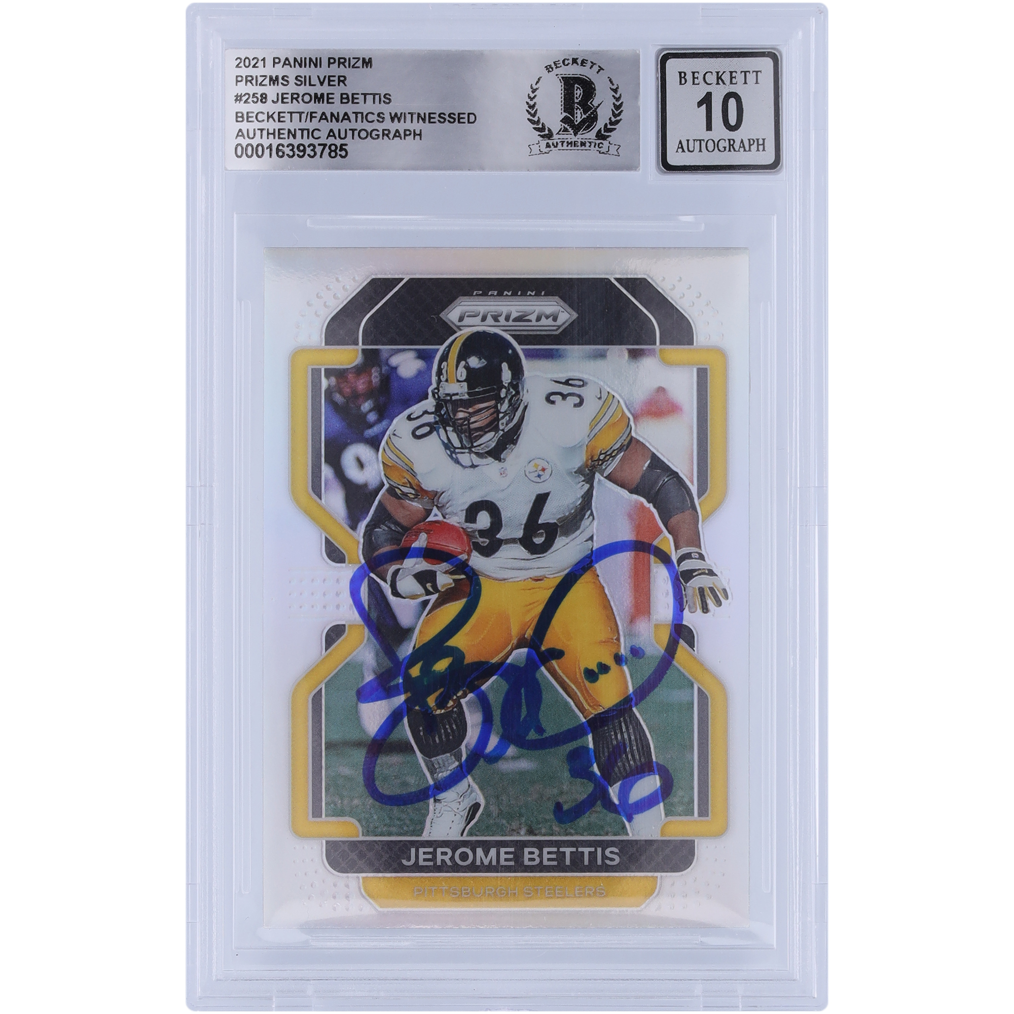 Jerome Bettis Pittsburgh Steelers signiert 2021 Panini Prizm Silver Prizm #258 Beckett Fanatics Zeuge authentifiziert 10 Karte