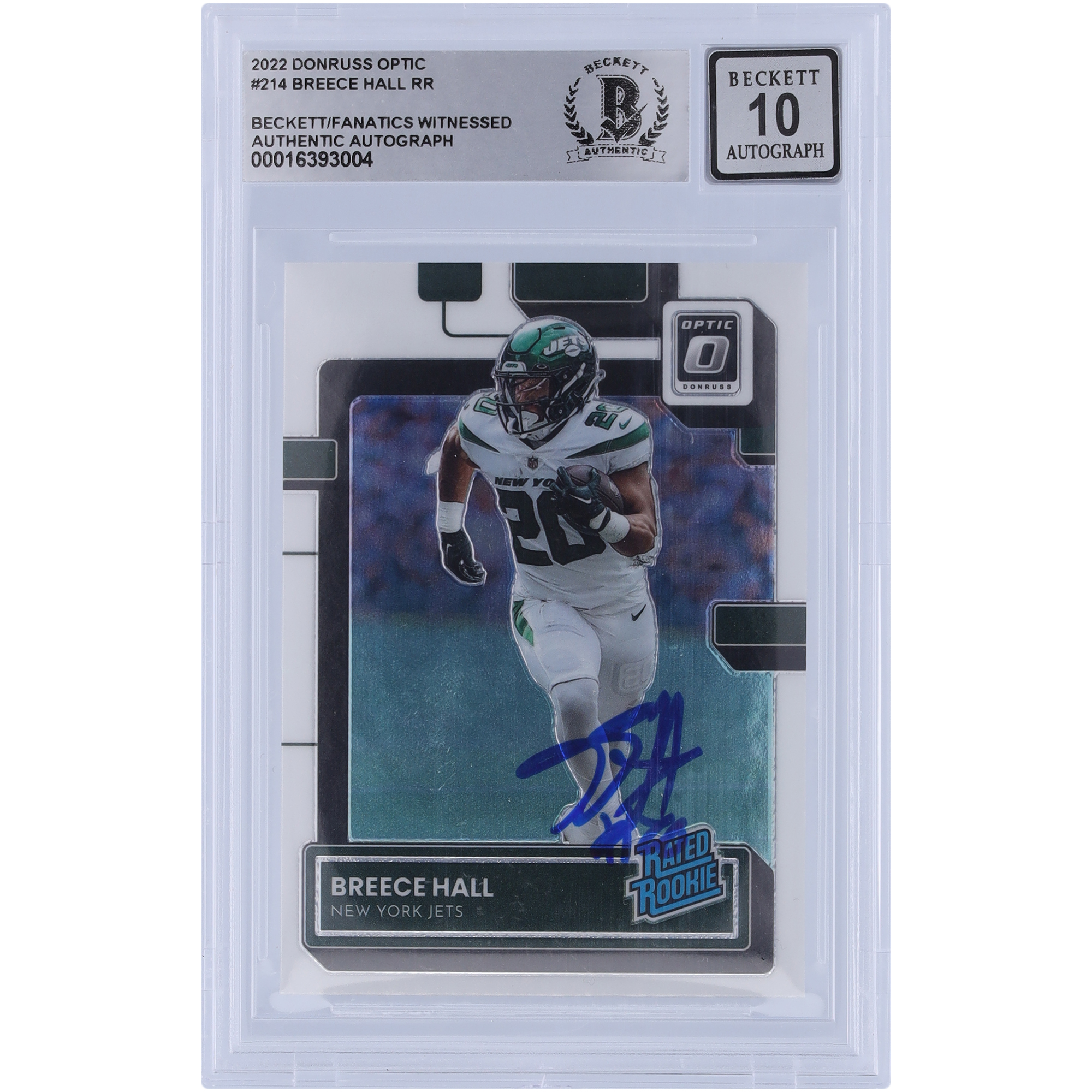 Breece Hall New York Jets signiert 2022 Panini Donruss bewertet Rookie #214 Beckett Fanatics bezeugt authentifiziert 10 Rookie-Karte