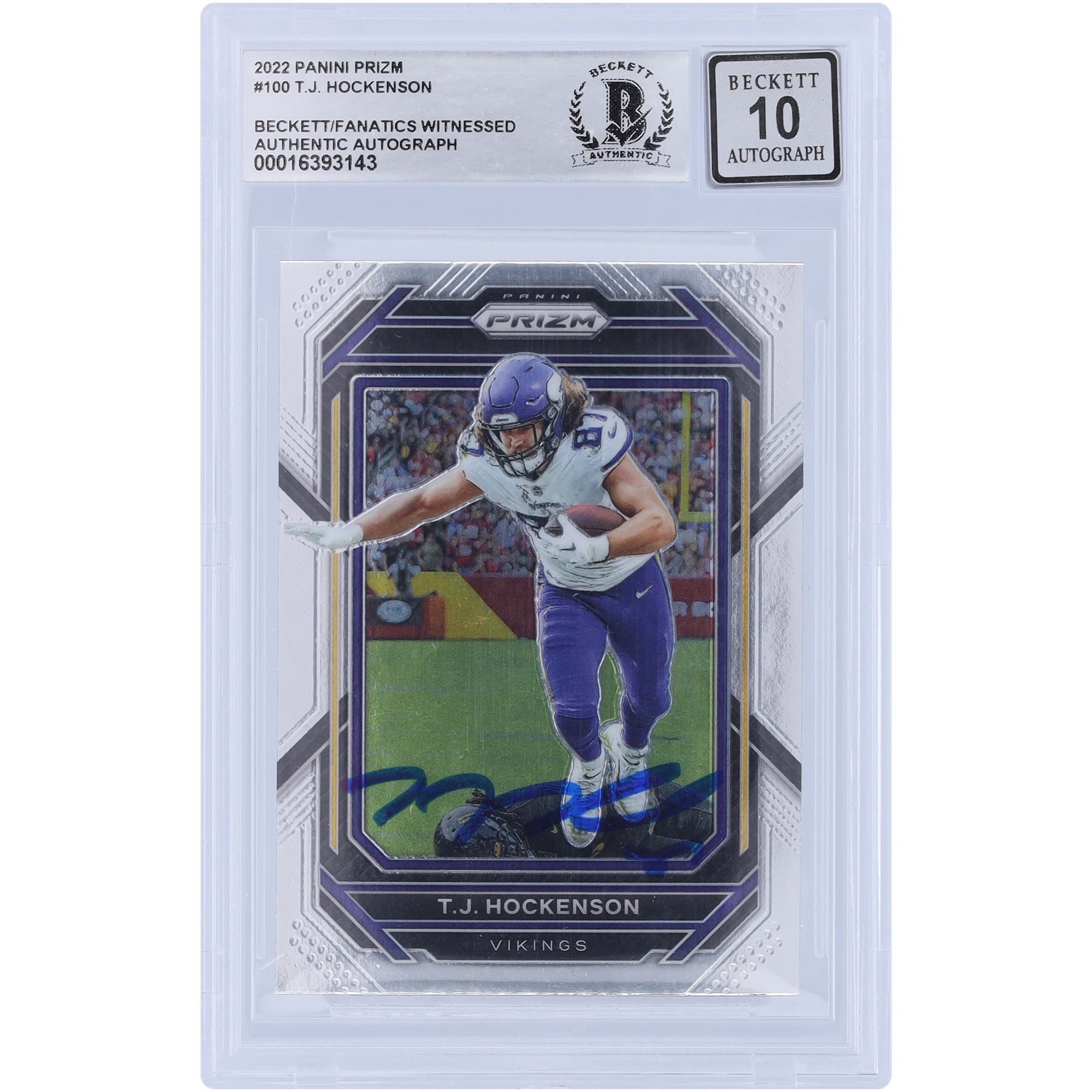 T.J. Hockenson Minnesota Vikings signiert 2022 Panini Prizm #100 Beckett Fanatics bezeugt authentifiziert 10 Karte