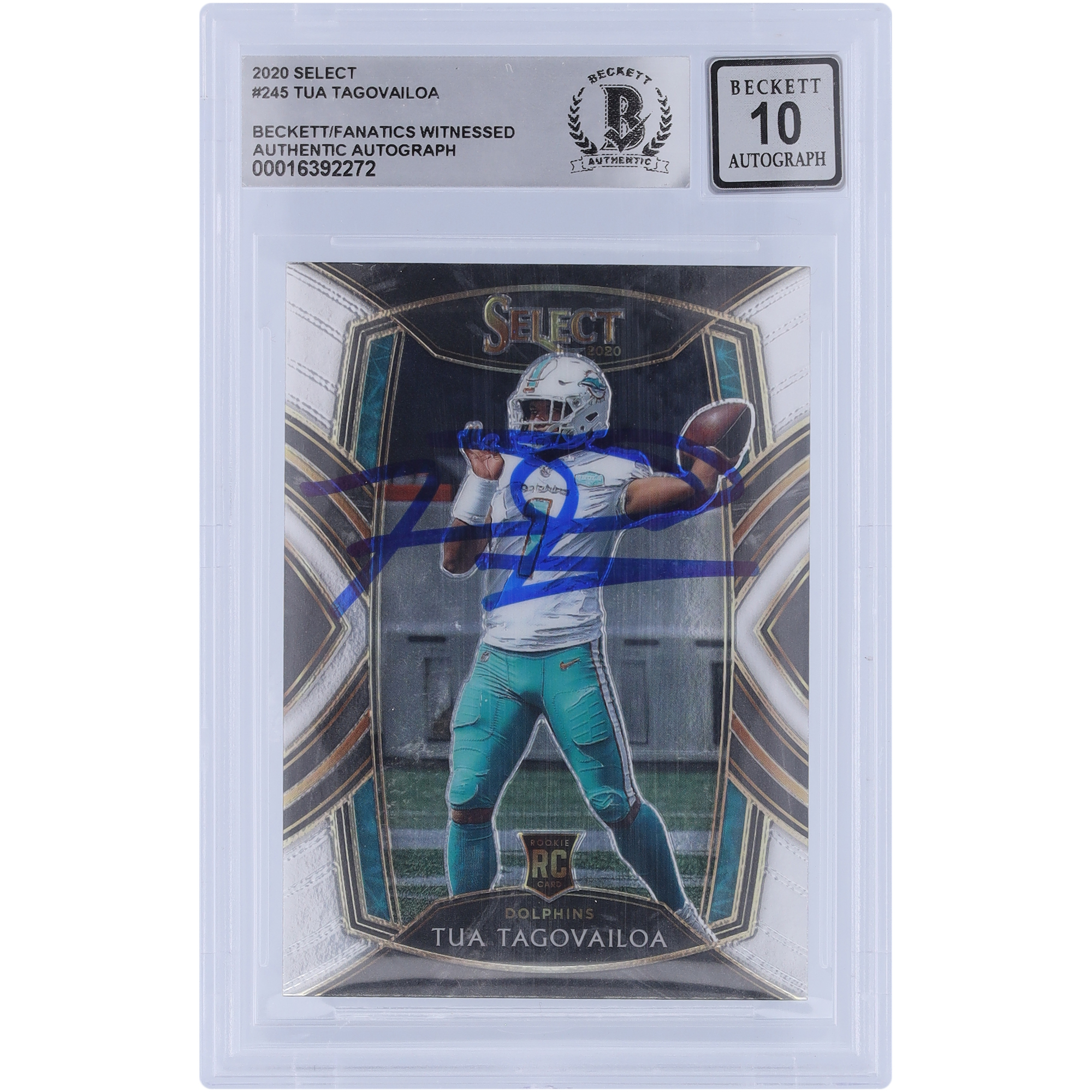 Tua Tagovailoa Miami Dolphins signiert 2020 Panini Select Club Level #245 Beckett Fanatics bezeugt authentifiziert 10 Rookie-Karte