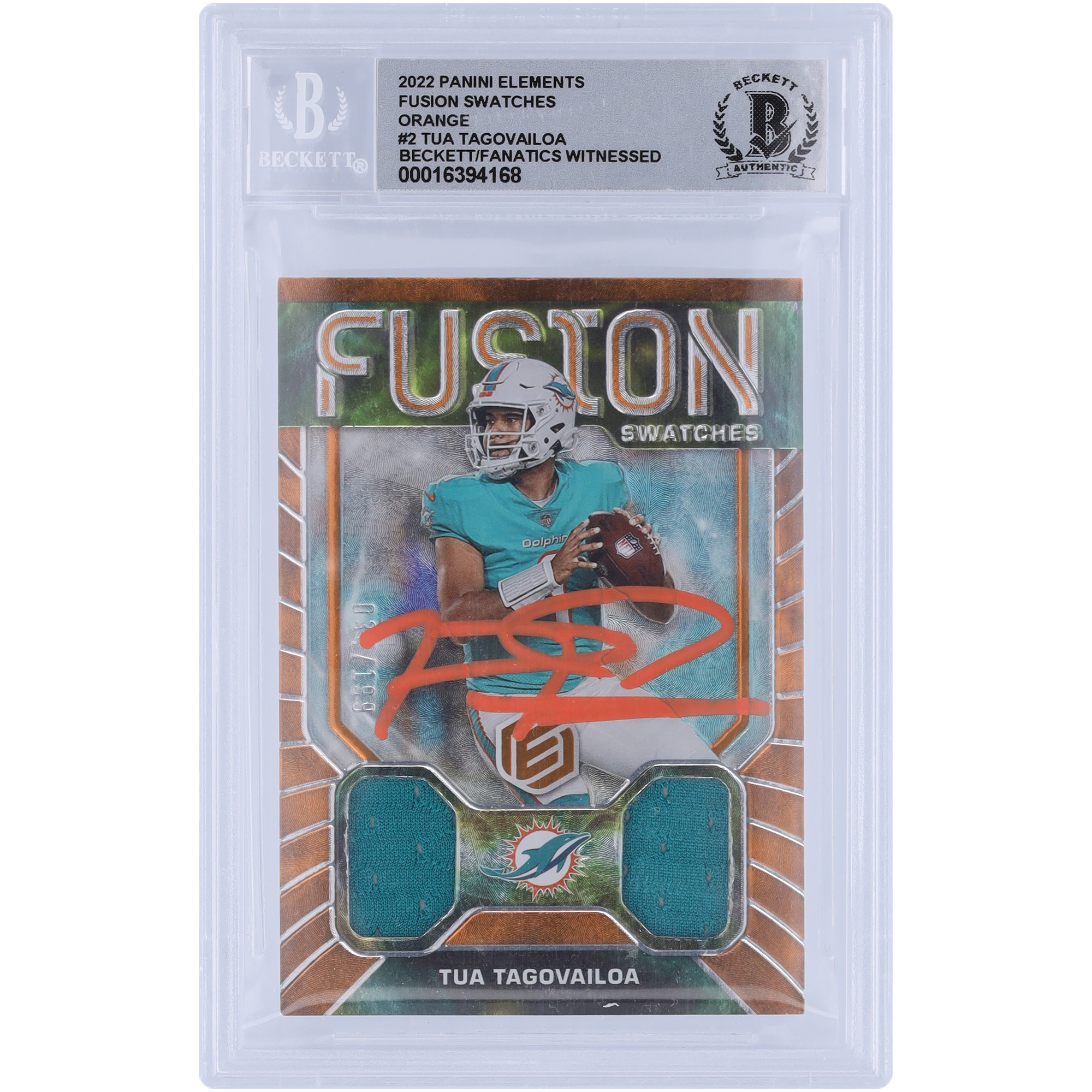 Tua Tagovailoa Miami Dolphins signiert 2022 Panini Elements Fusion Swatches Relic Orange Ink #FS-2 #/199 Beckett Fanatics Zeuge authentifiziert 10 Karte