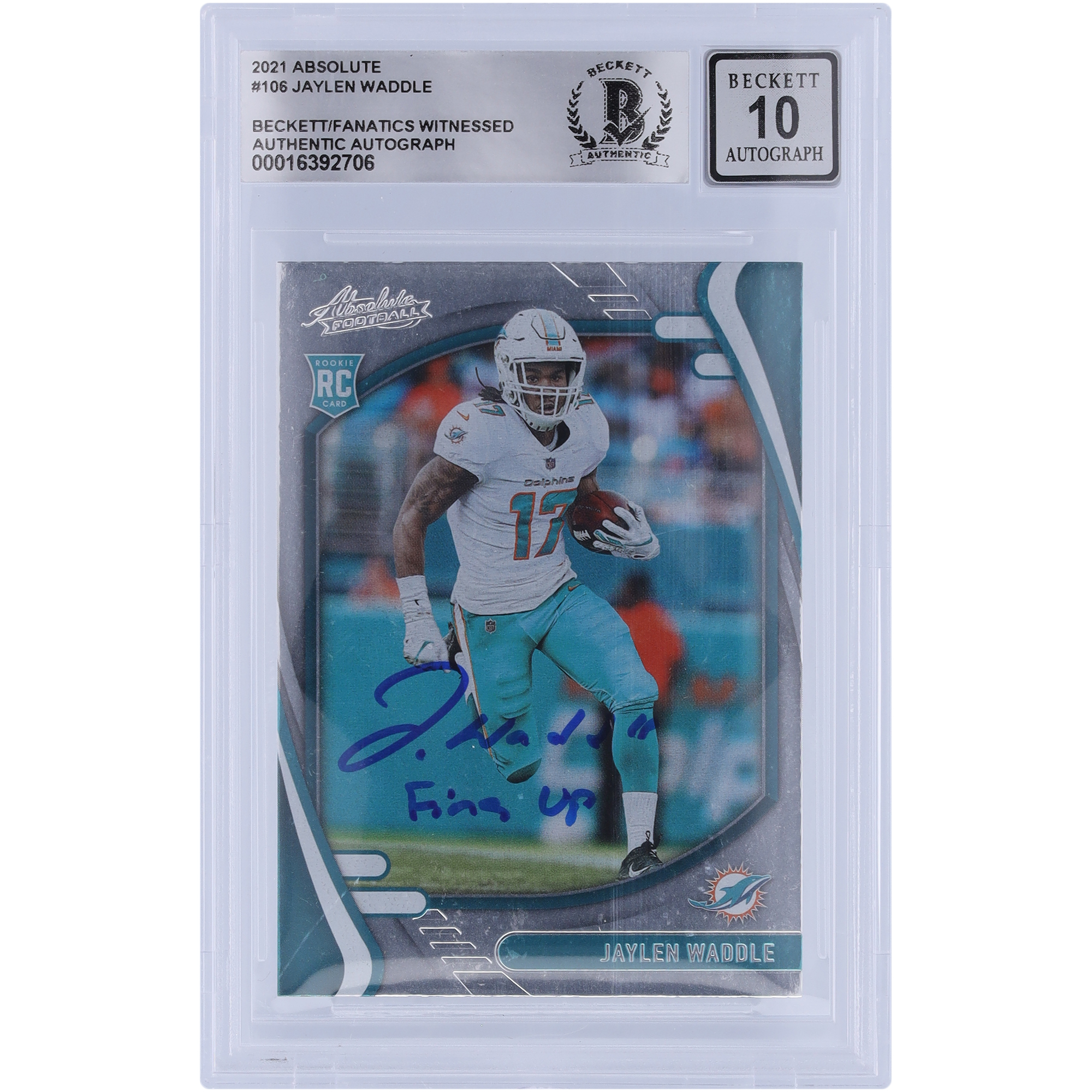 Jaylen Waddle Miami Dolphins signierte 2021 Panini Absolute #106 Beckett Fanatics bezeugte authentifizierte 10 Rookie-Karte mit „Fins Up“-Aufschrift