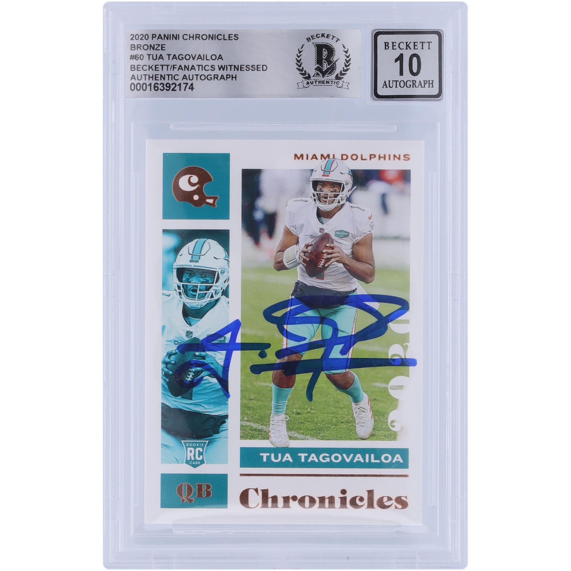 Tua Tagovailoa Miami Dolphins signiert 2020 Panini Chronicles Bronze #60 Beckett Fanatics bezeugt authentifiziert 10 Rookie-Karte