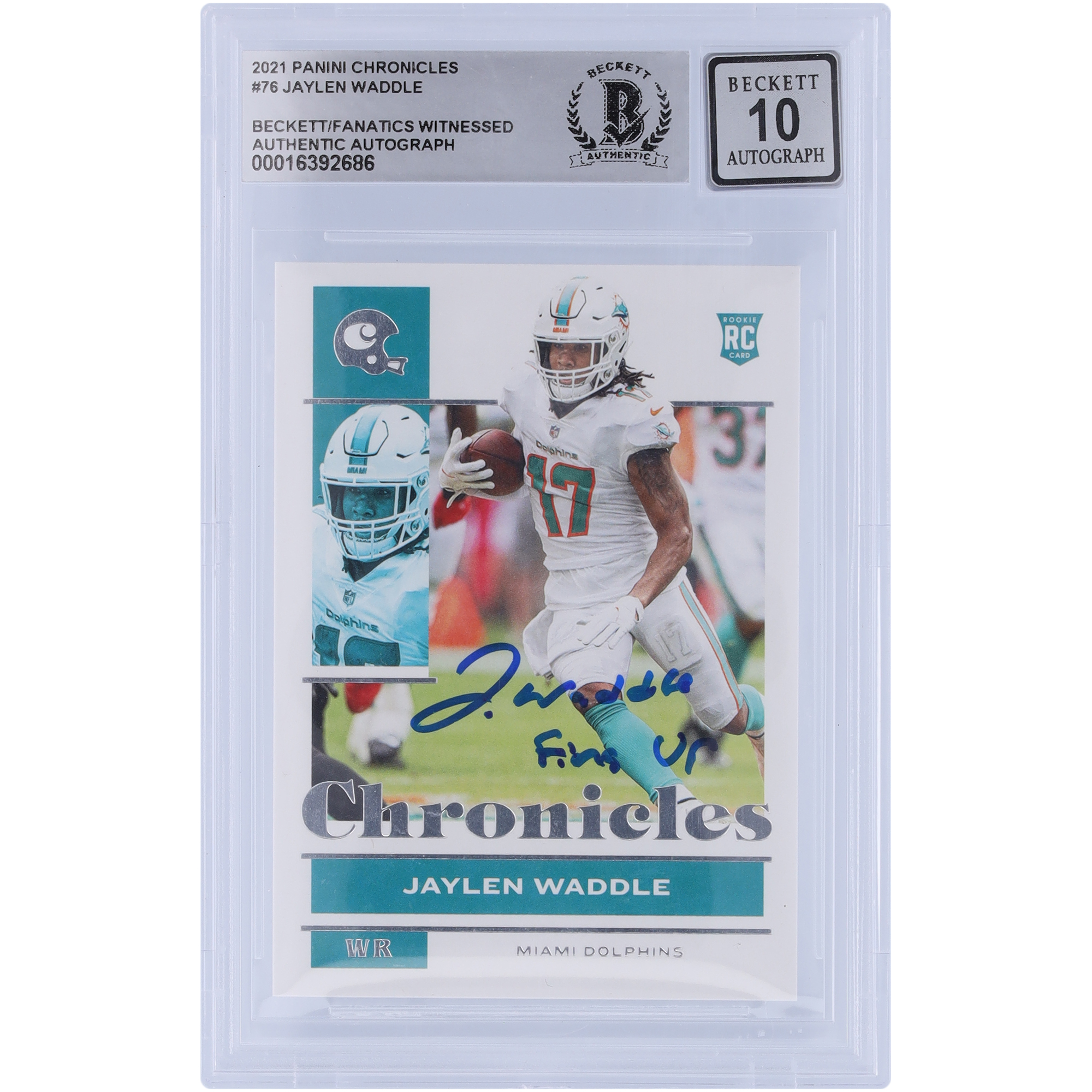 Jaylen Waddle Miami Dolphins signierte 2021 Panini Chronicles #76 Beckett Fanatics bezeugte authentifizierte 10 Rookie-Karte mit „Fins Up“-Aufschrift