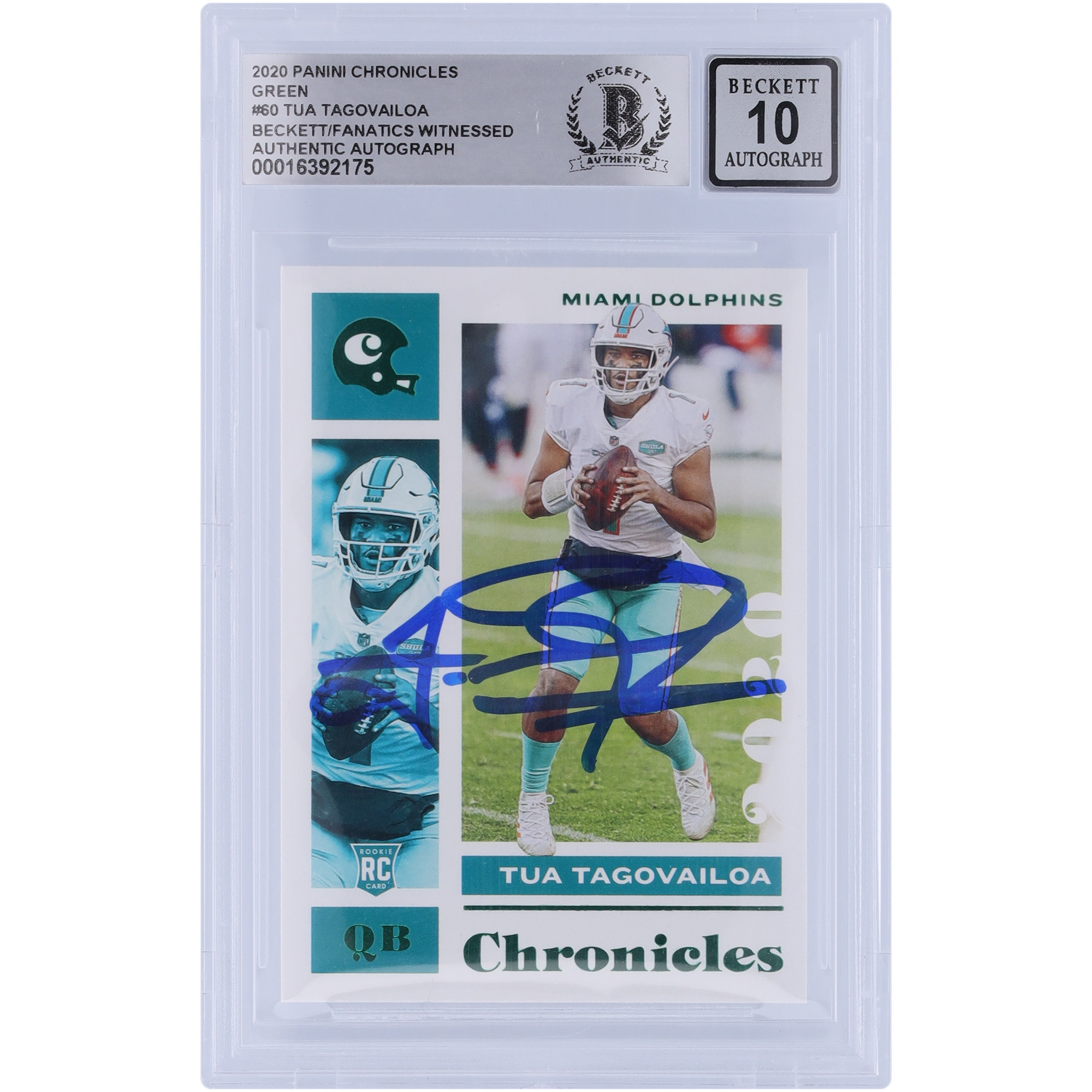 Tua Tagovailoa Miami Dolphins signiert 2020 Panini Chronicles grün #60 Beckett Fanatics bezeugt authentifiziert 10 Rookie-Karte