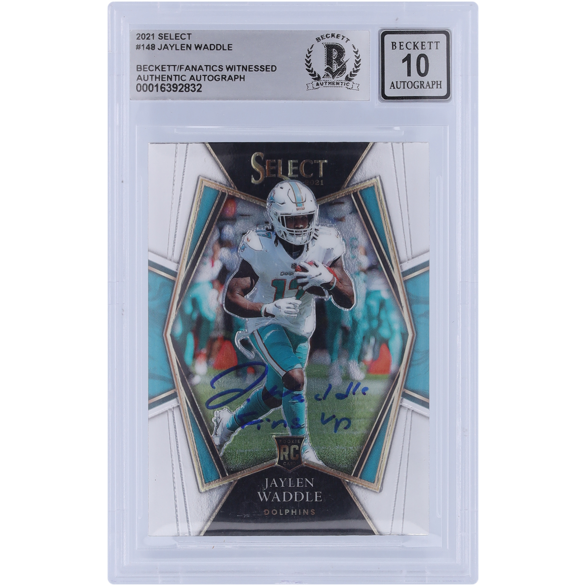 Jaylen Waddle Miami Dolphins signierte 2021 Panini Select Premier Level #148 Beckett Fanatics bezeugte authentifizierte 10 Rookie-Karte mit „Fins Up“-Aufschrift