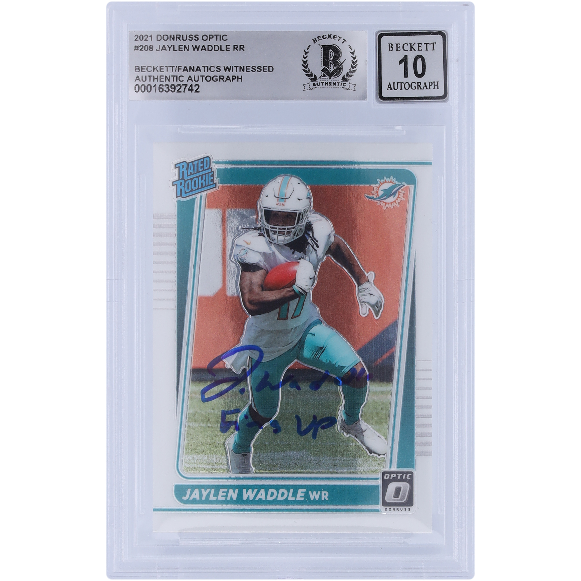 Jaylen Waddle Miami Dolphins signierte 2021 Panini Donruss Optic Rated Rookie #208 Beckett Fanatics bezeugte authentifizierte 10 Rookie-Karte mit „Fins Up“-Aufschrift