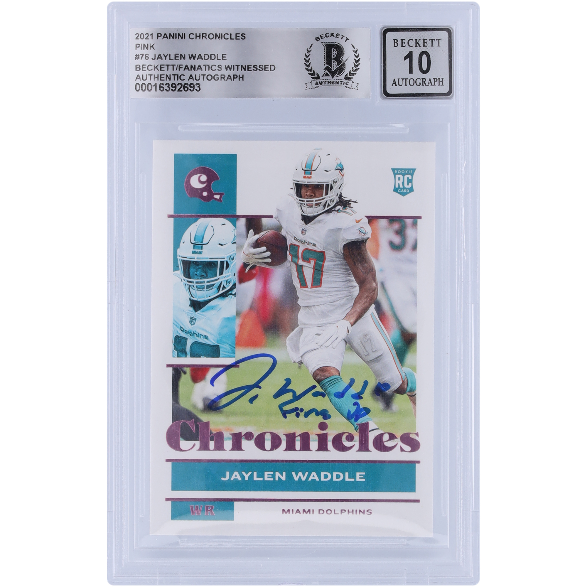 Jaylen Waddle Miami Dolphins signierte 2021 Panini Chronicles Pink #76 Beckett Fanatics bezeugte authentifizierte 10 Rookie-Karte mit „Fins Up“-Aufschrift