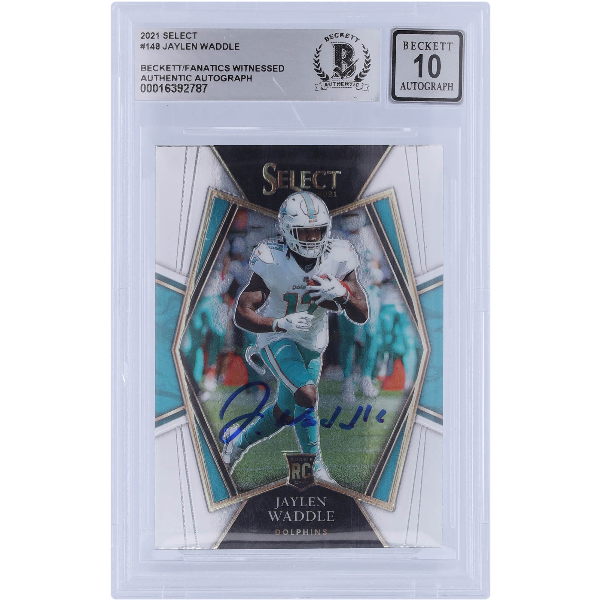 Jaylen Waddle Miami Dolphins signiert 2021 Panini Select Premier Level #148 Beckett Fanatics bezeugt authentifiziert 10 Rookie-Karte