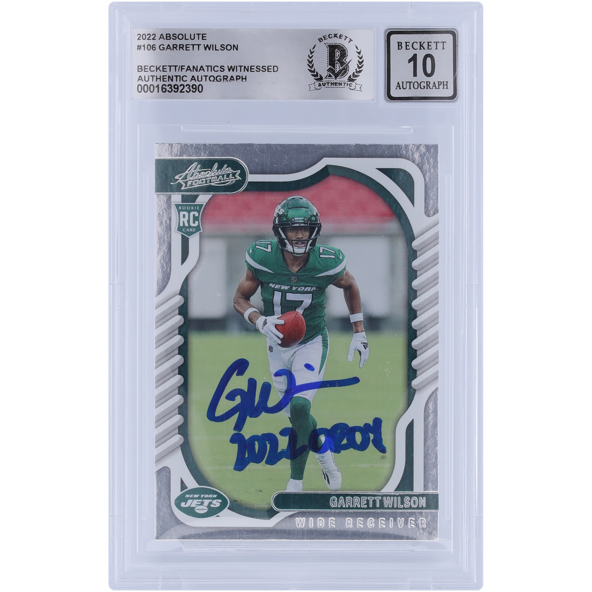 Garrett Wilson New York Jets signierte 2022 Panini Absolute #106 Beckett Fanatics bezeugte authentifizierte 10 Rookie-Karte mit „2022 OROY“-Aufschrift