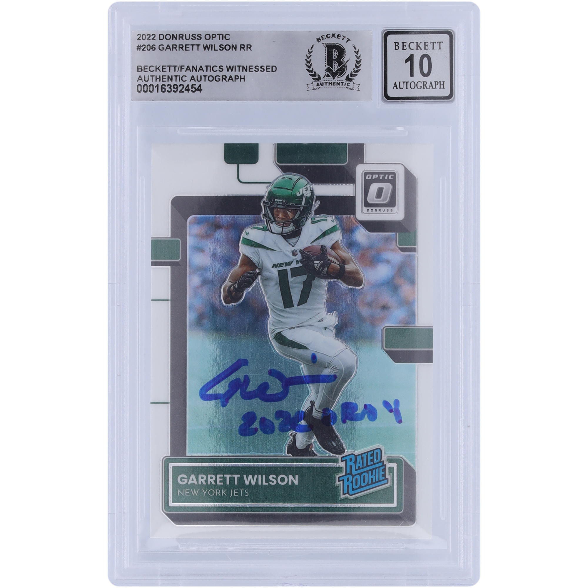 Garrett Wilson New York Jets signierte 2022 Panini Donruss Optic Rated Rookie #206 Beckett Fanatics bezeugte authentifizierte 10 Rookie-Karte mit „2022 OROY“-Aufschrift