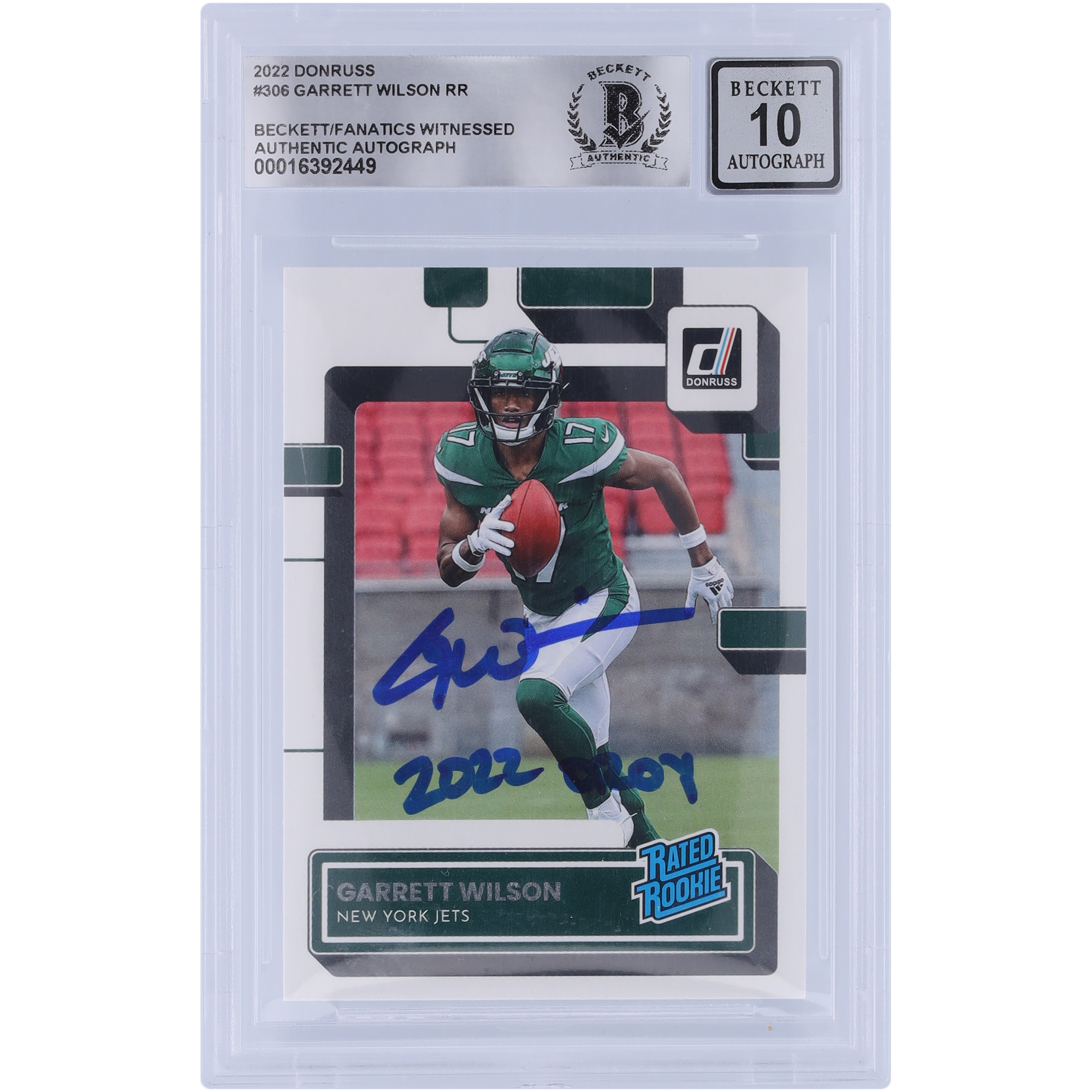 Garrett Wilson New York Jets signierte 2022 Panini Donruss bewertet Rookie #306 Beckett Fanatics bezeugte authentifizierte 10 Rookie-Karte mit „2022 OROY“ Aufschrift