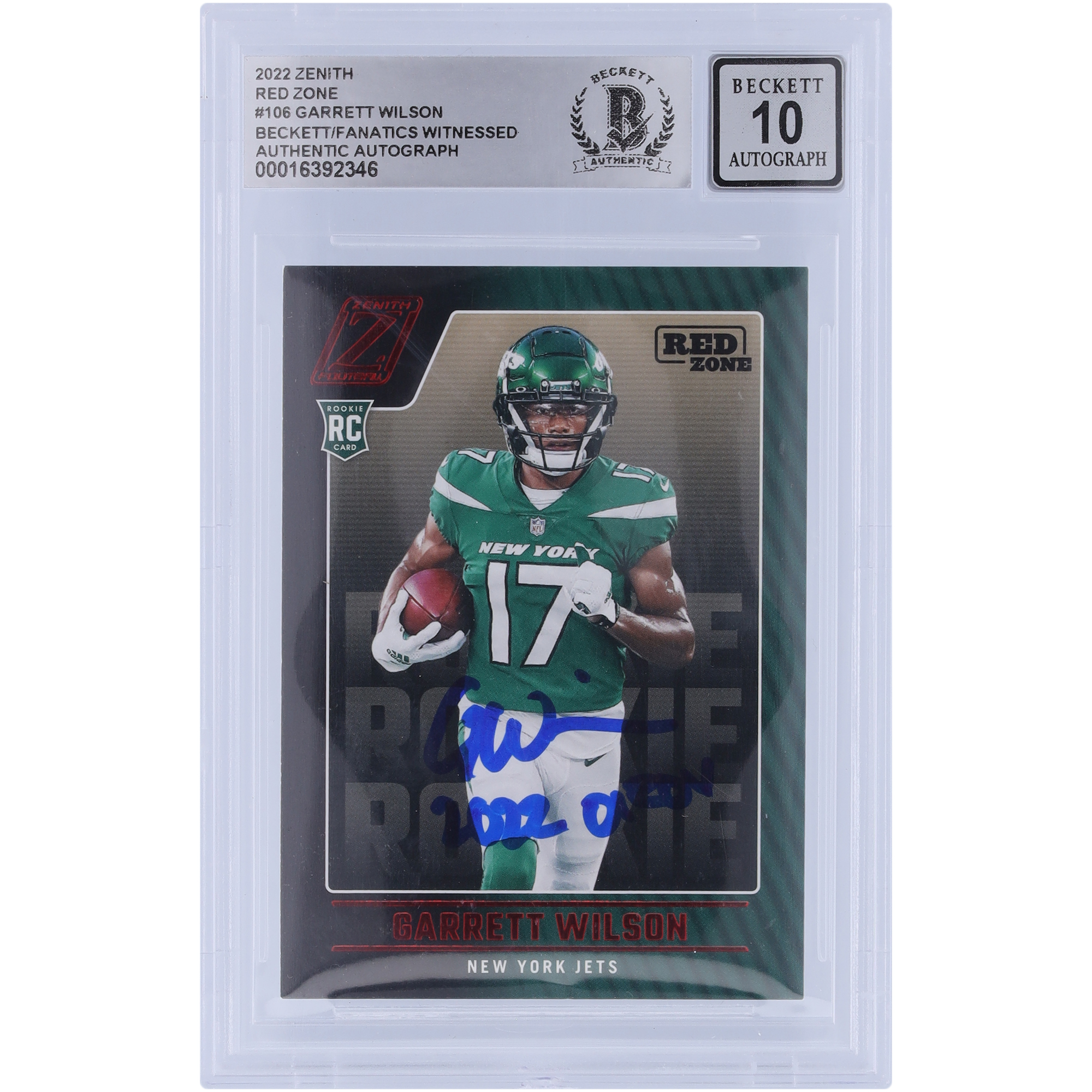 Garrett Wilson New York Jets signierte 2022 Panini Zenith Red Zone #106 Beckett Fanatics bezeugte authentifizierte 10 Rookie-Karte mit „2022 OROY“-Aufschrift