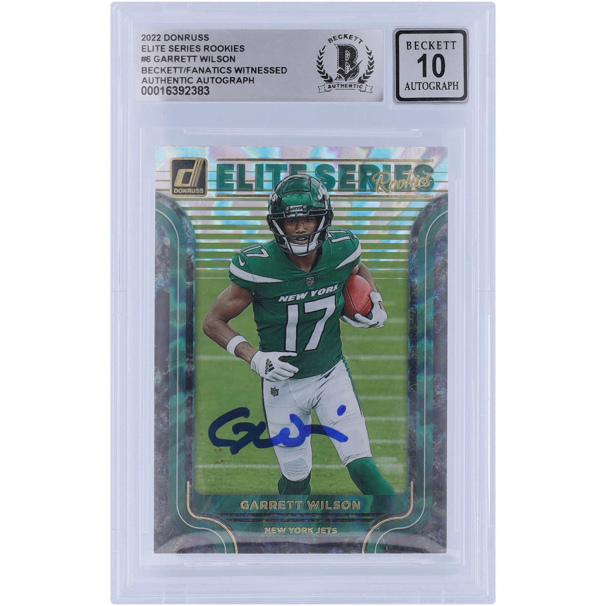 Garrett Wilson New York Jets signierte 2022 Panini Donruss Elite Series Rookies #ESR-6 Beckett Fanatics bezeugte authentifizierte 10 Rookie-Karte