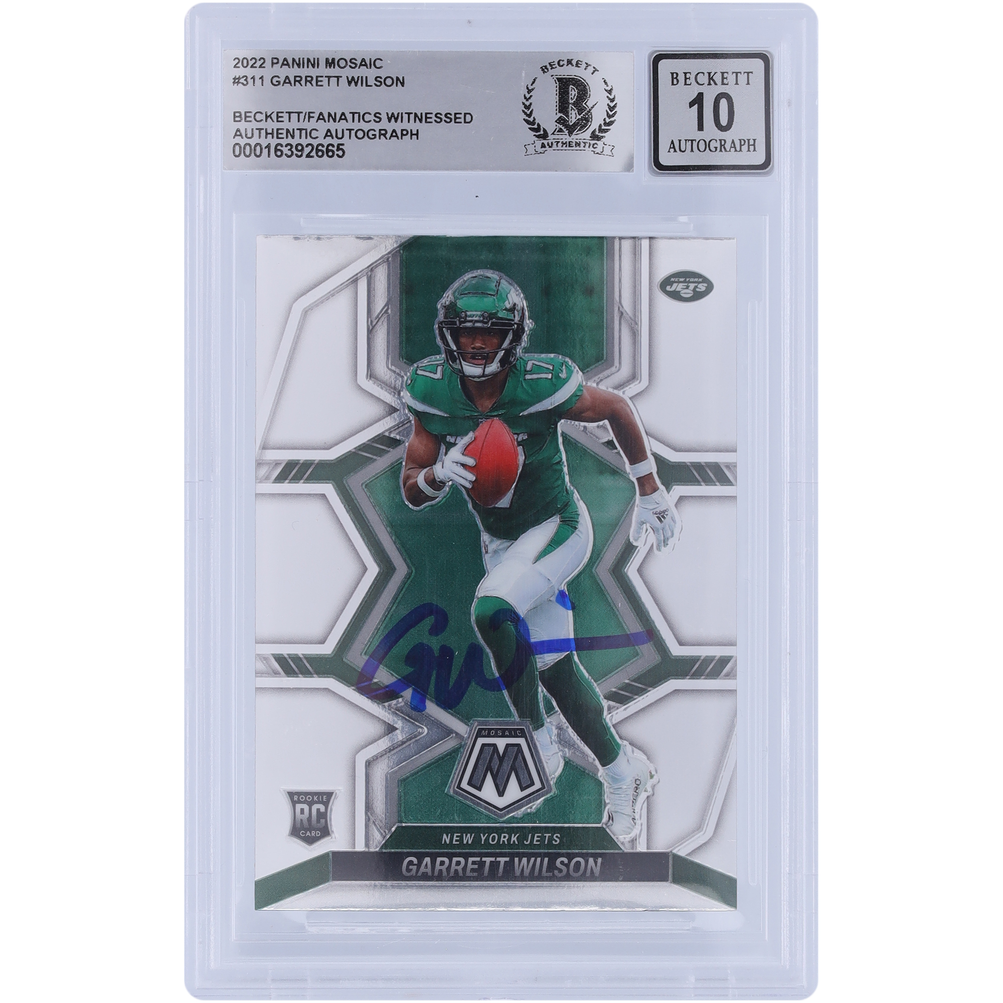 Garrett Wilson New York Jets signiert 2022 Panini Mosaik #311 Beckett Fanatics bezeugt authentifiziert 10 Rookie-Karte