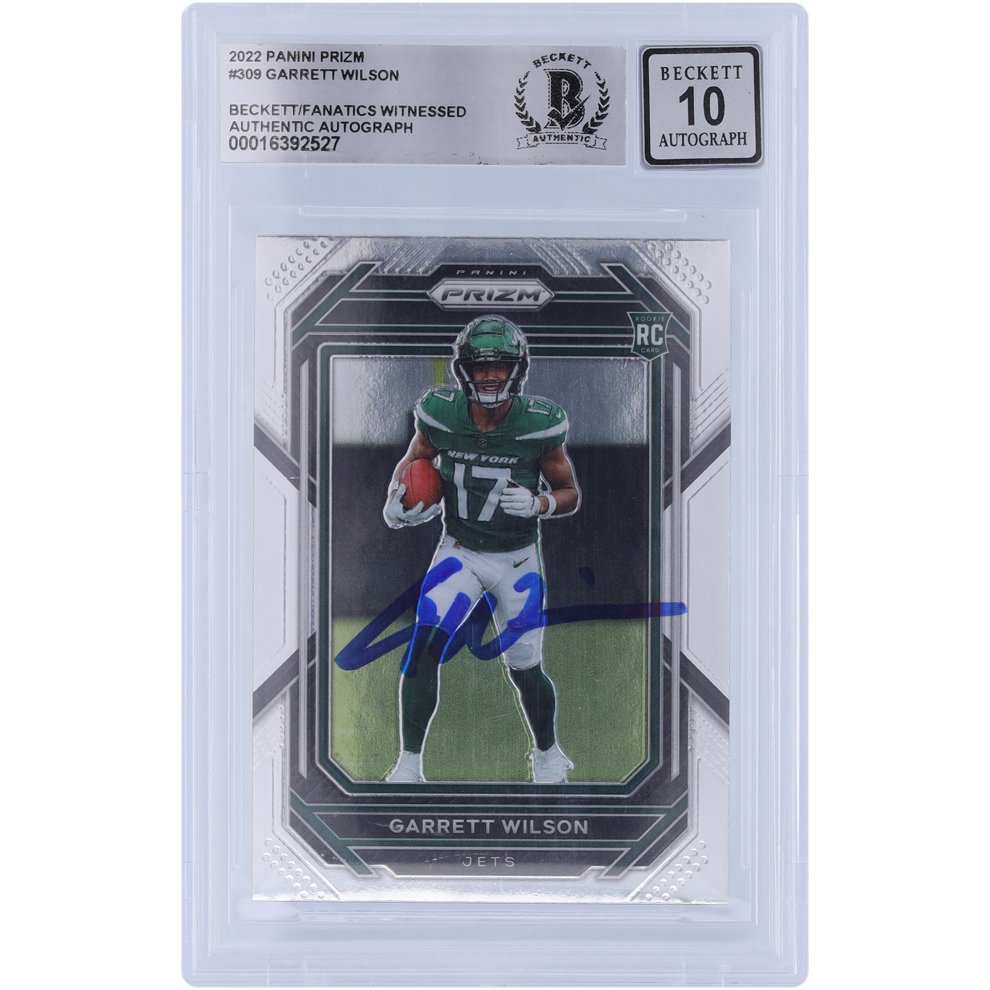 Garrett Wilson New York Jets signiert 2022 Panini Prizm #309 Beckett Fanatics bezeugt authentifiziert 10 Rookie-Karte