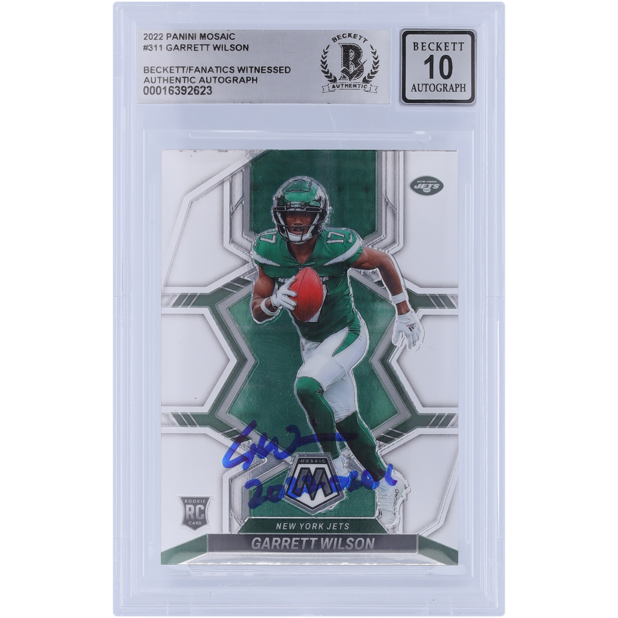 Garrett Wilson New York Jets signierte 2022 Panini Mosaic #311 Beckett Fanatics bezeugte authentifizierte 10 Rookie-Karte mit „2022 OROY“-Aufschrift