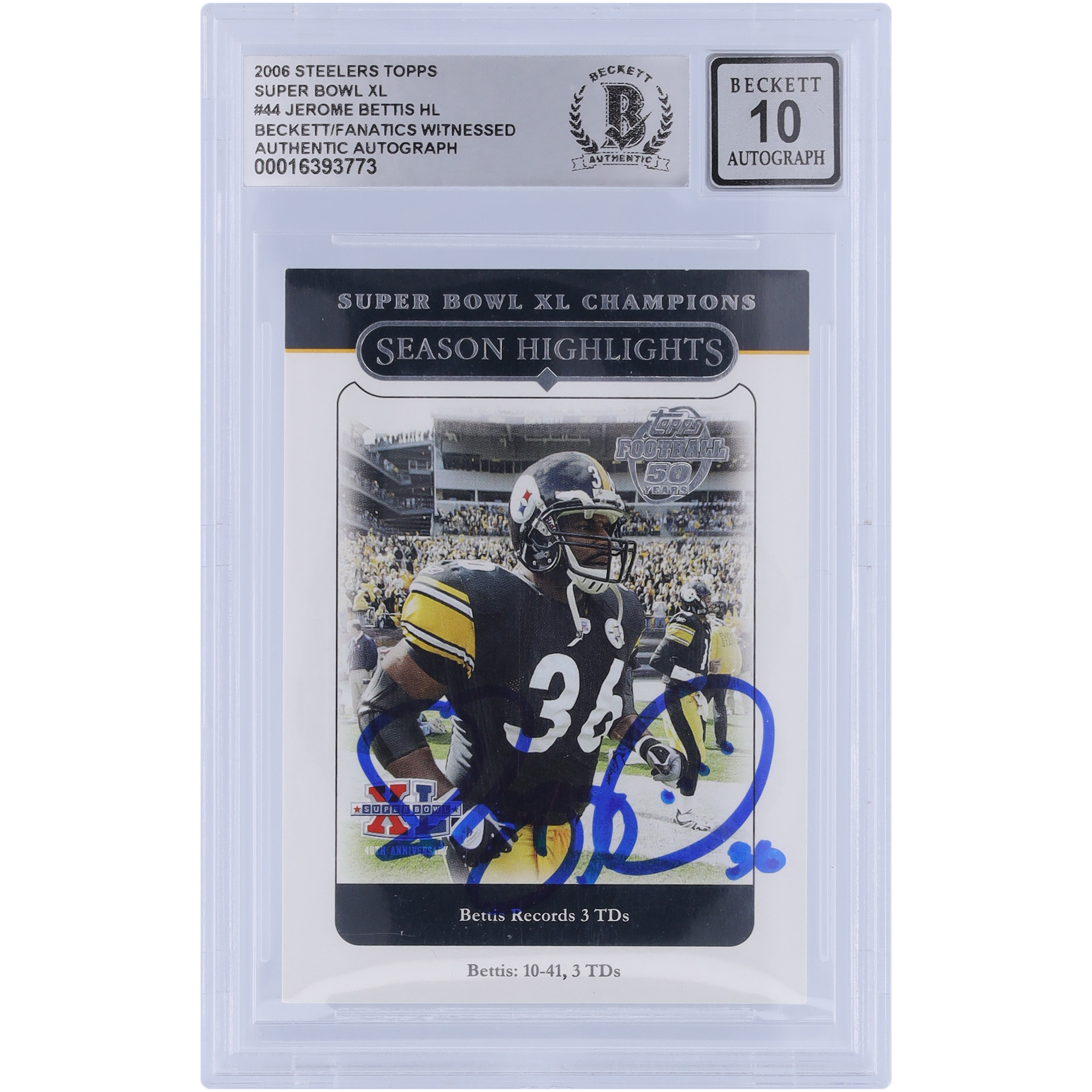 Jerome Bettis Pittsburgh Steelers signiert 2006 Topps Superbowl XL Champions Saison Highlights #44 Beckett Fanatics bezeugt authentifiziert 10 Karte