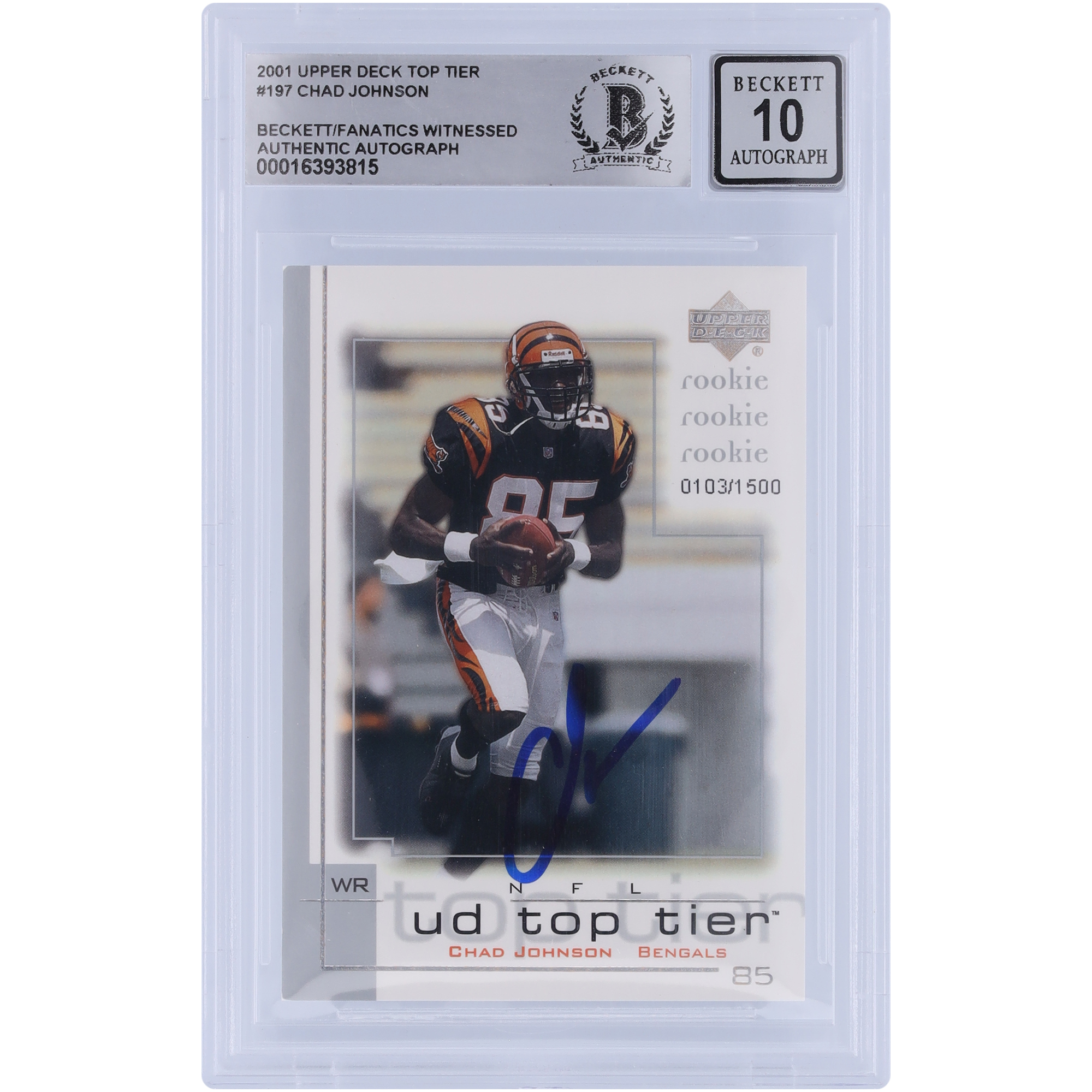 Chad Johnson, Cincinnati Bengals, signiert, 2001, Upper Deck, Top Tier, Nr. 197, Nr. 1500, Beckett Fanatics, bezeugt, authentifiziert, 10 Rookie-Karten