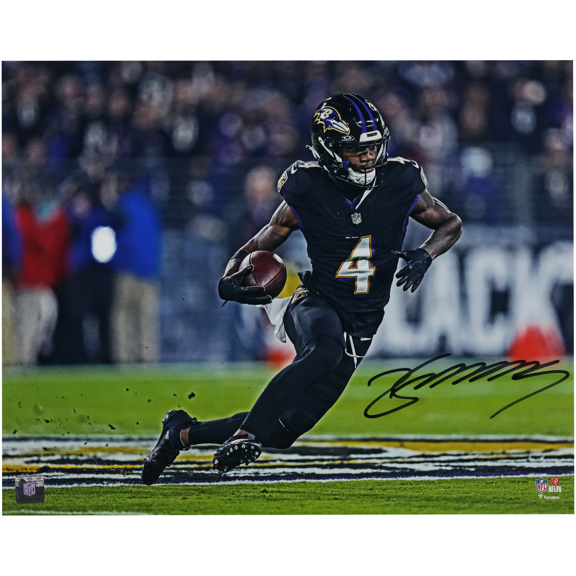 Zay Flowers, Baltimore Ravens, signiertes Lauffoto, 16 x 20 Zoll, schwarzes Trikot