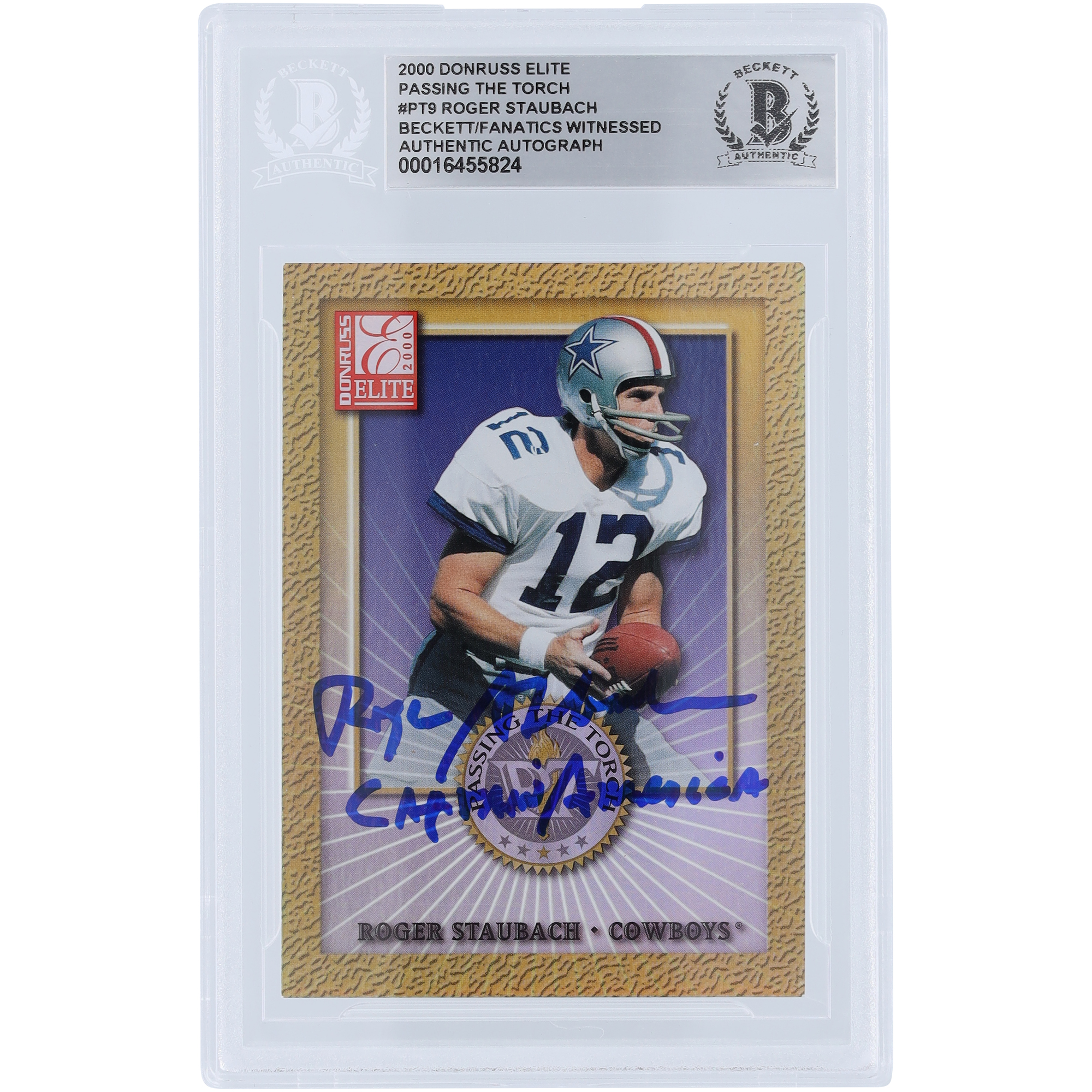 Roger Staubach Dallas Cowboys signiert 2000 Donruss Elite Passing the Torch #PT-9 #/1500 Beckett Fanatics bezeugte authentifizierte Karte