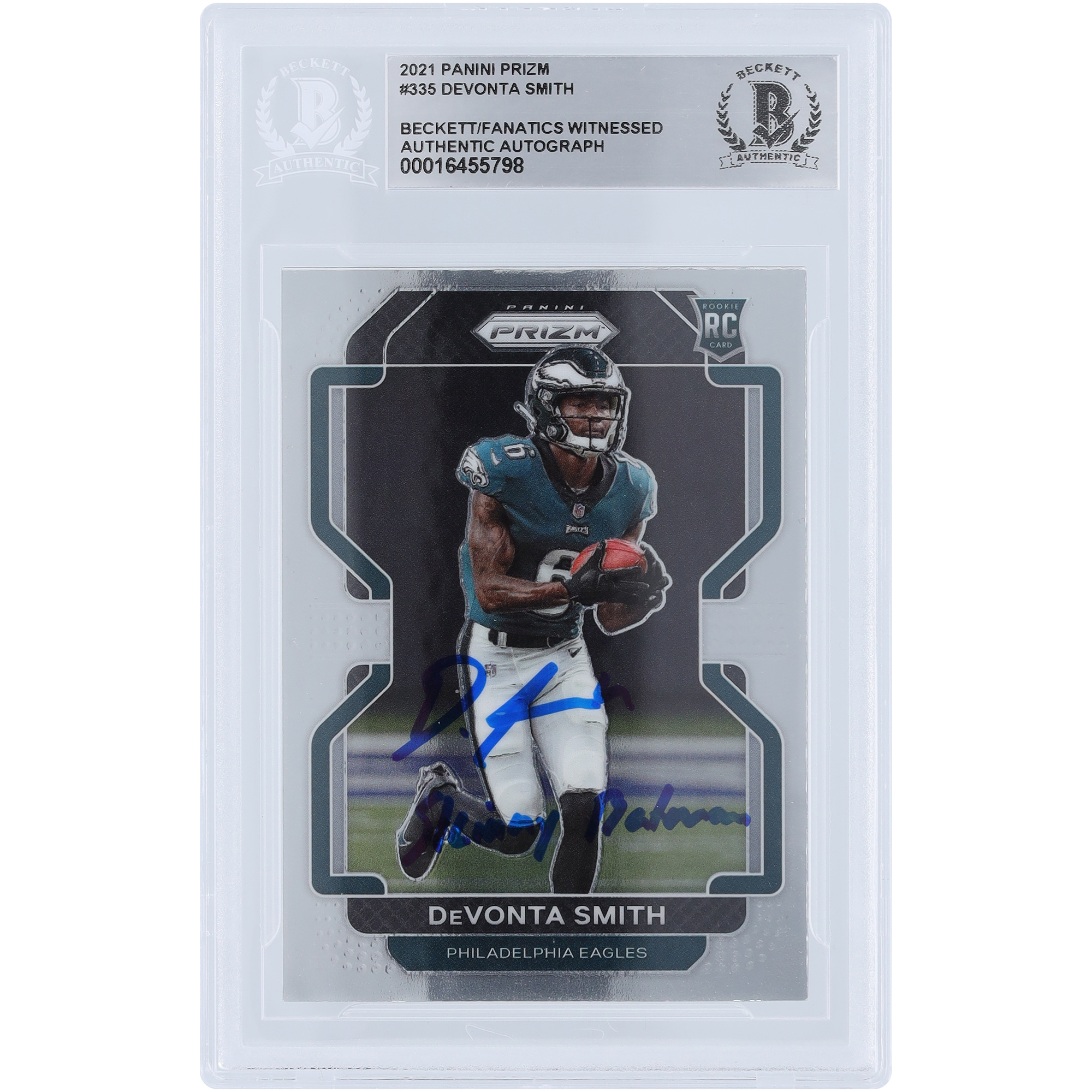 DeVonta Smith Philadelphia Eagles signierte 2021 Panini Prizm #335 Beckett Fanatics bezeugte authentifizierte Rookie-Karte mit „Skinny Batman“-Aufschrift