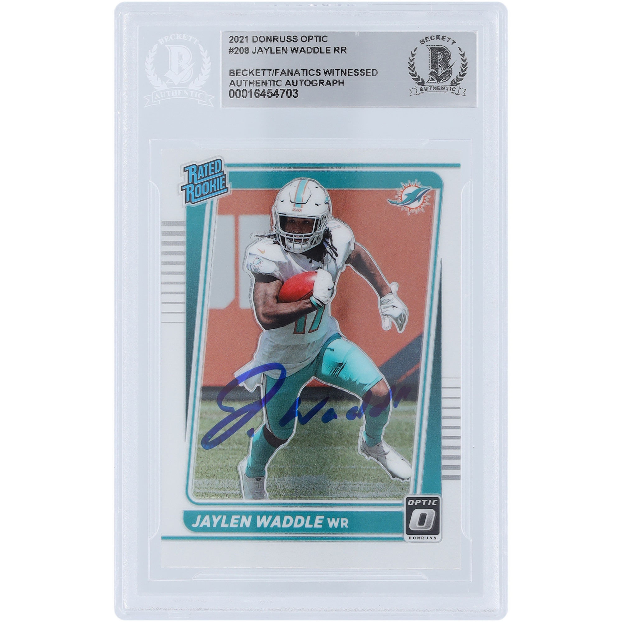 Jaylen Waddle Miami Dolphins signierte 2021 Panini Donruss Optic Rated Rookie #208 Beckett Fanatics bezeugte authentifizierte Rookie-Karte