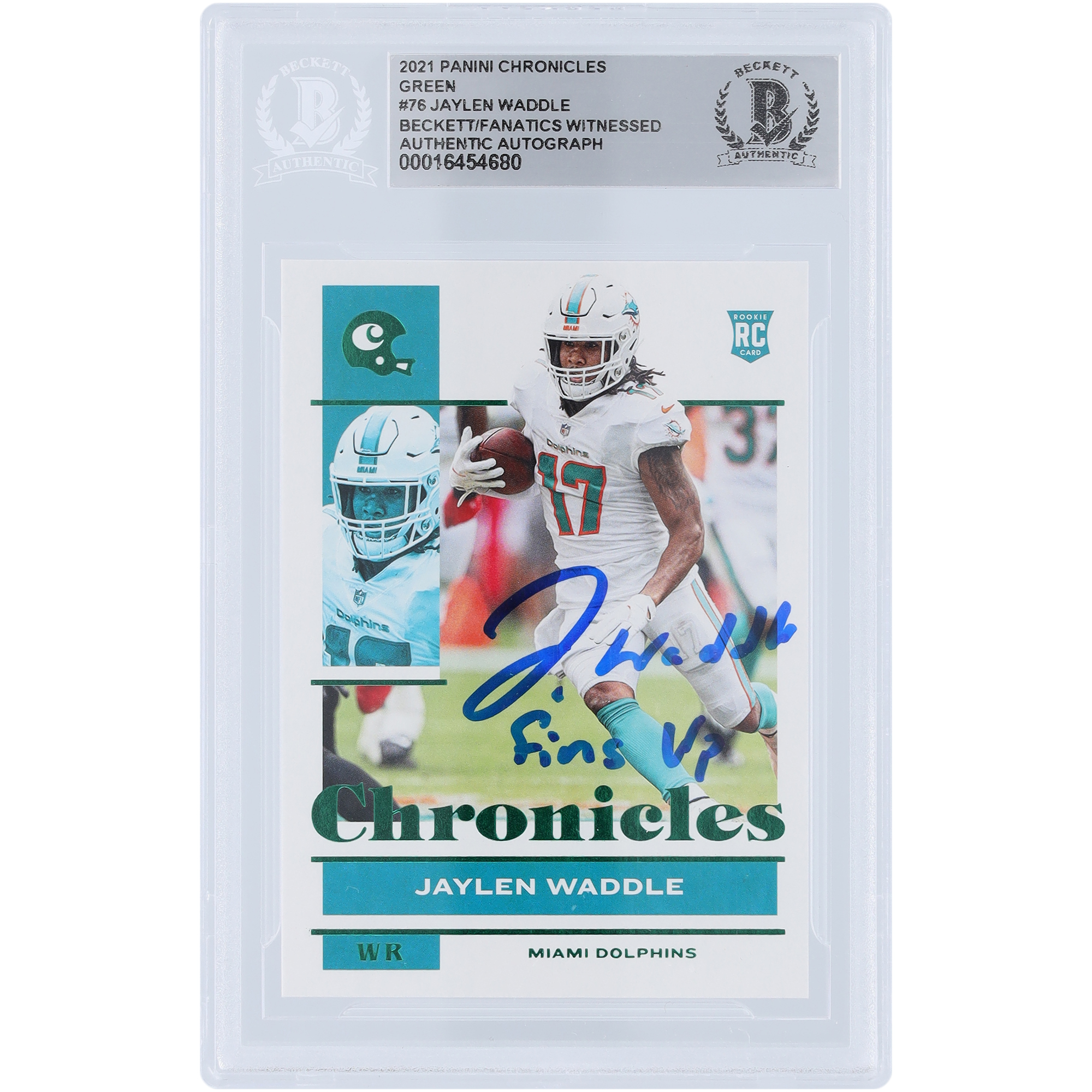 Jaylen Waddle Miami Dolphins signierte 2021 Panini Chronicles Grüne #76 Beckett Fanatics bezeugte authentifizierte Rookie-Karte mit „Fins Up“-Aufschrift