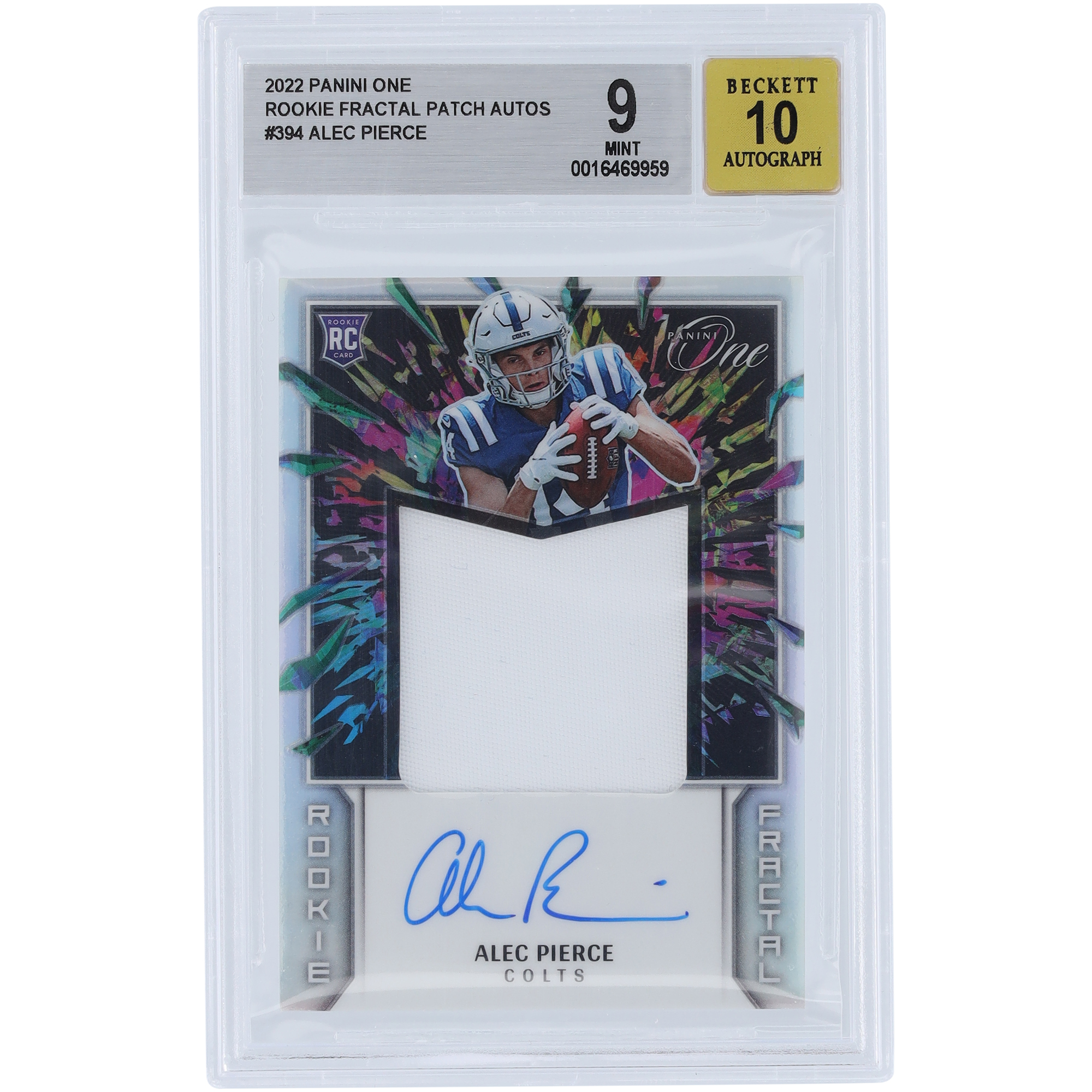 Alec Pierce Indianapolis Colts signierte 2022 Panini One Fractal Relic #394 #10/50 BGS authentifizierte 9/10 Rookie-Karte